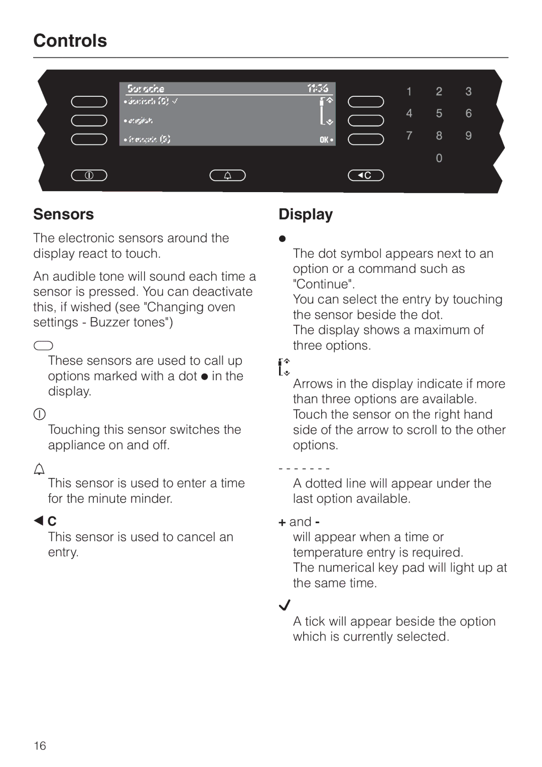 Miele H 4681 installation instructions Controls, Sensors, Display, + C 