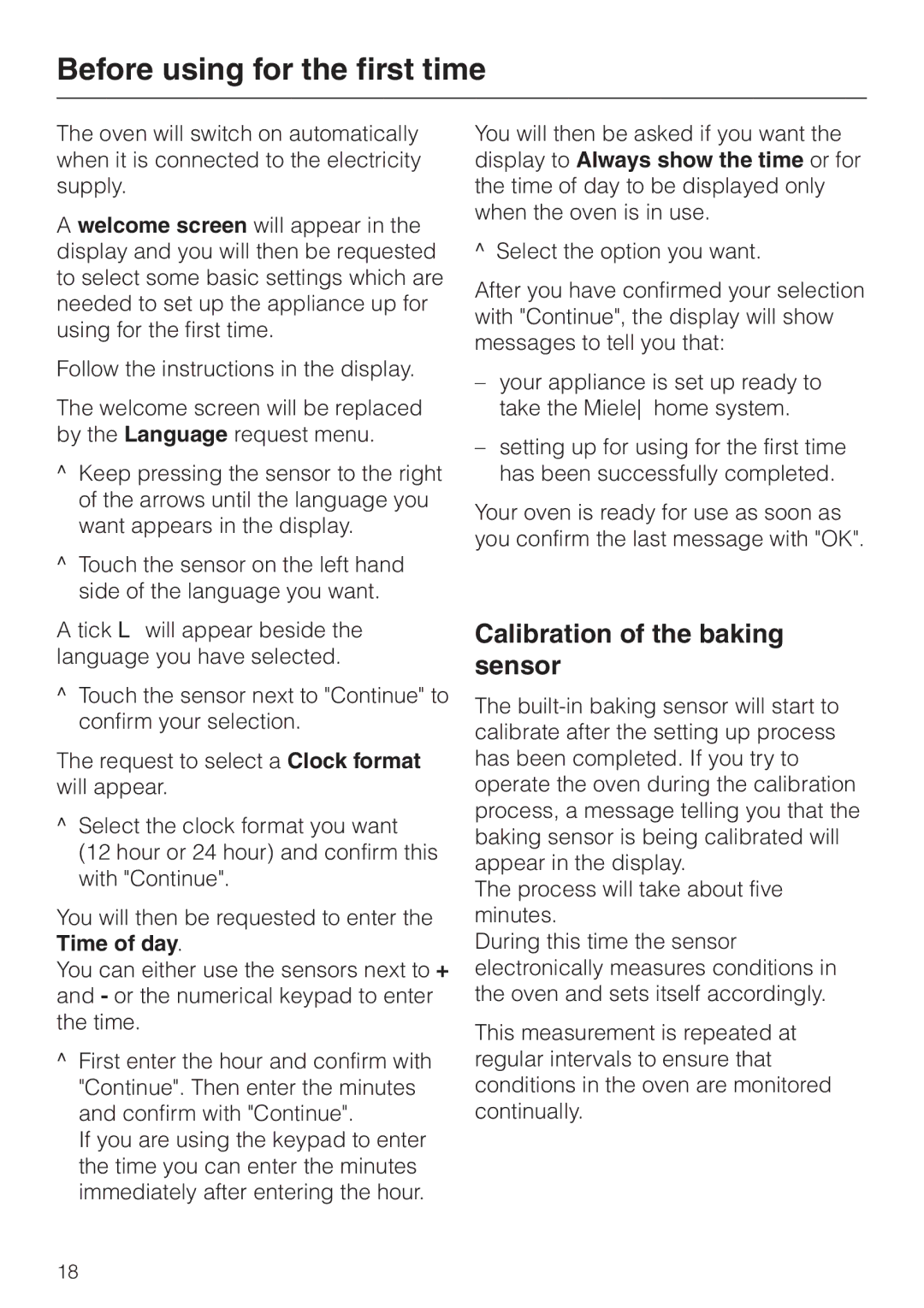 Miele H 4681 installation instructions Before using for the first time, Calibration of the baking sensor 