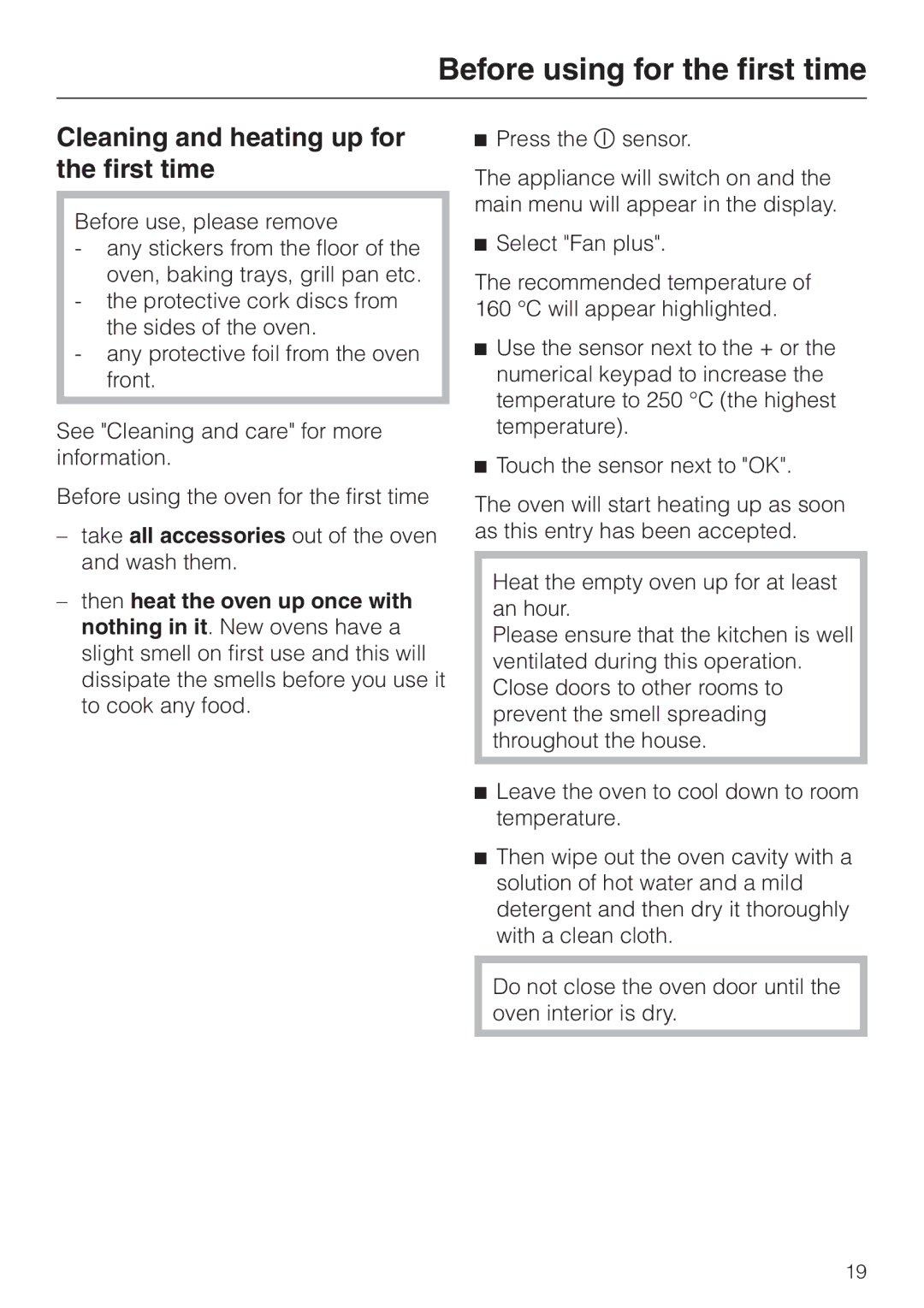 Miele H 4681 installation instructions Cleaning and heating up for the first time 