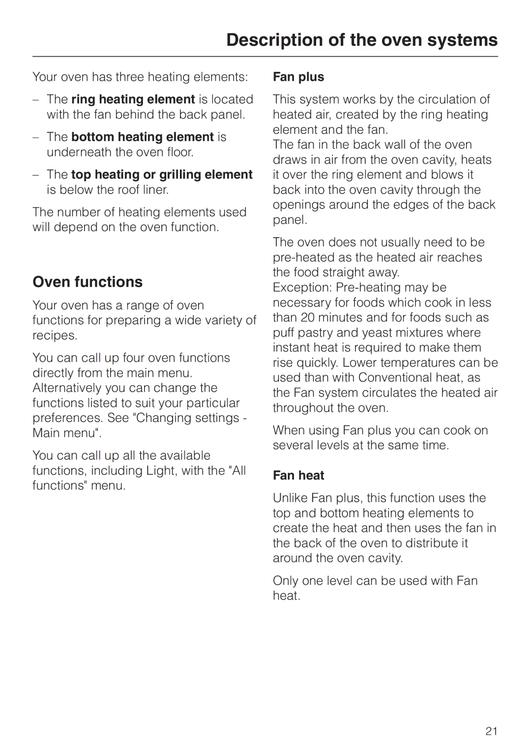 Miele H 4681 installation instructions Description of the oven systems, Oven functions, Fan plus, Fan heat 