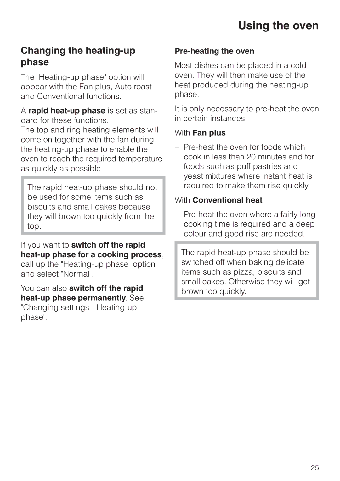 Miele H 4681 installation instructions Changing the heating-up phase, With Fan plus, With Conventional heat 