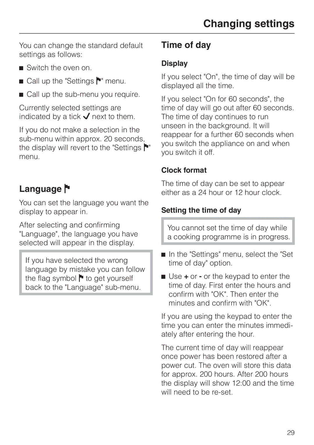 Miele H 4681 installation instructions Changing settings, Language J, Time of day 