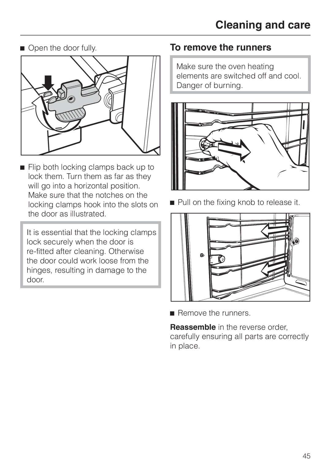 Miele H 4681 To remove the runners, Open the door fully, Pull on the fixing knob to release it, Remove the runners 