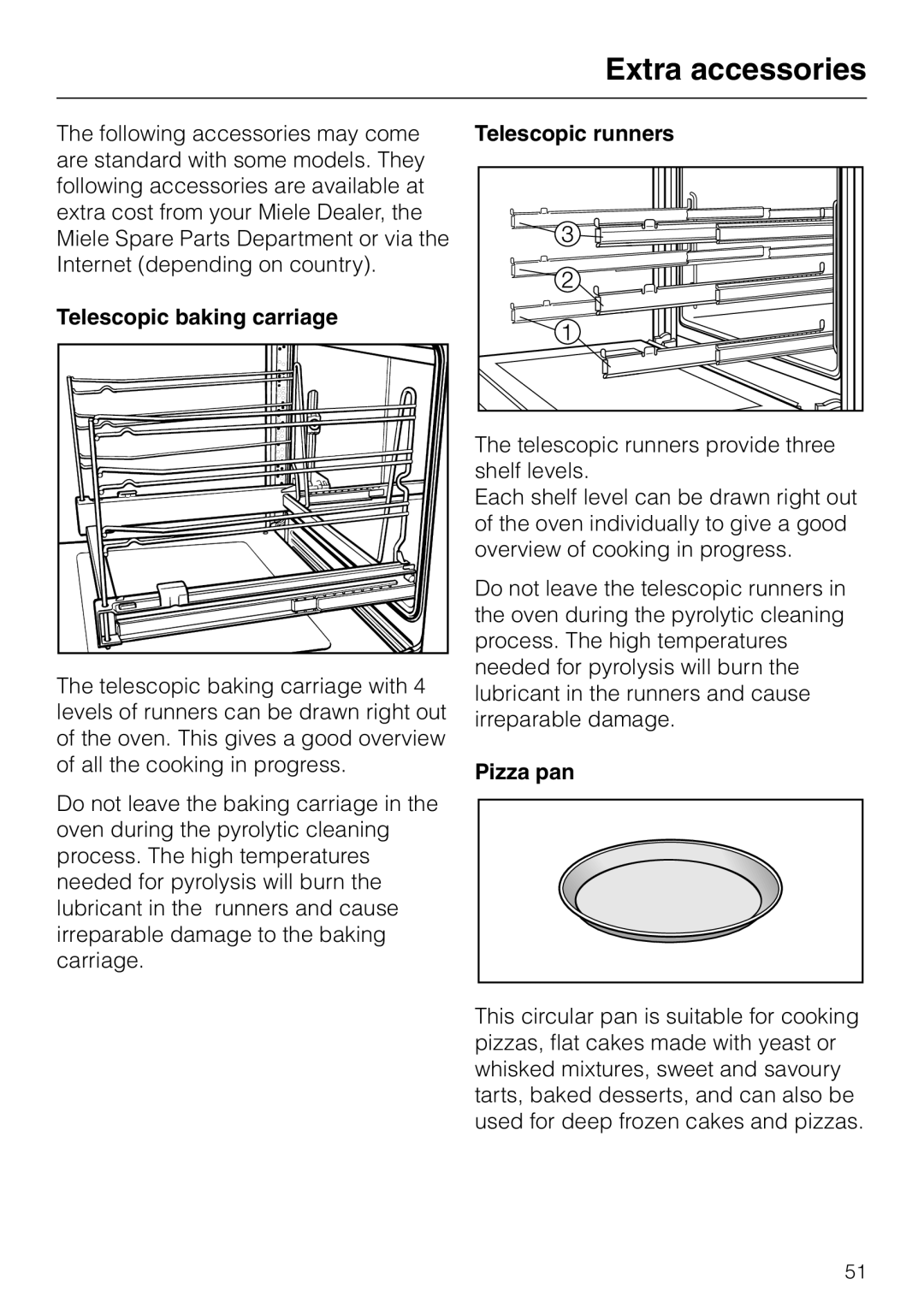 Miele H 4681 installation instructions Extra accessories, Telescopic baking carriage, Telescopic runners, Pizza pan 