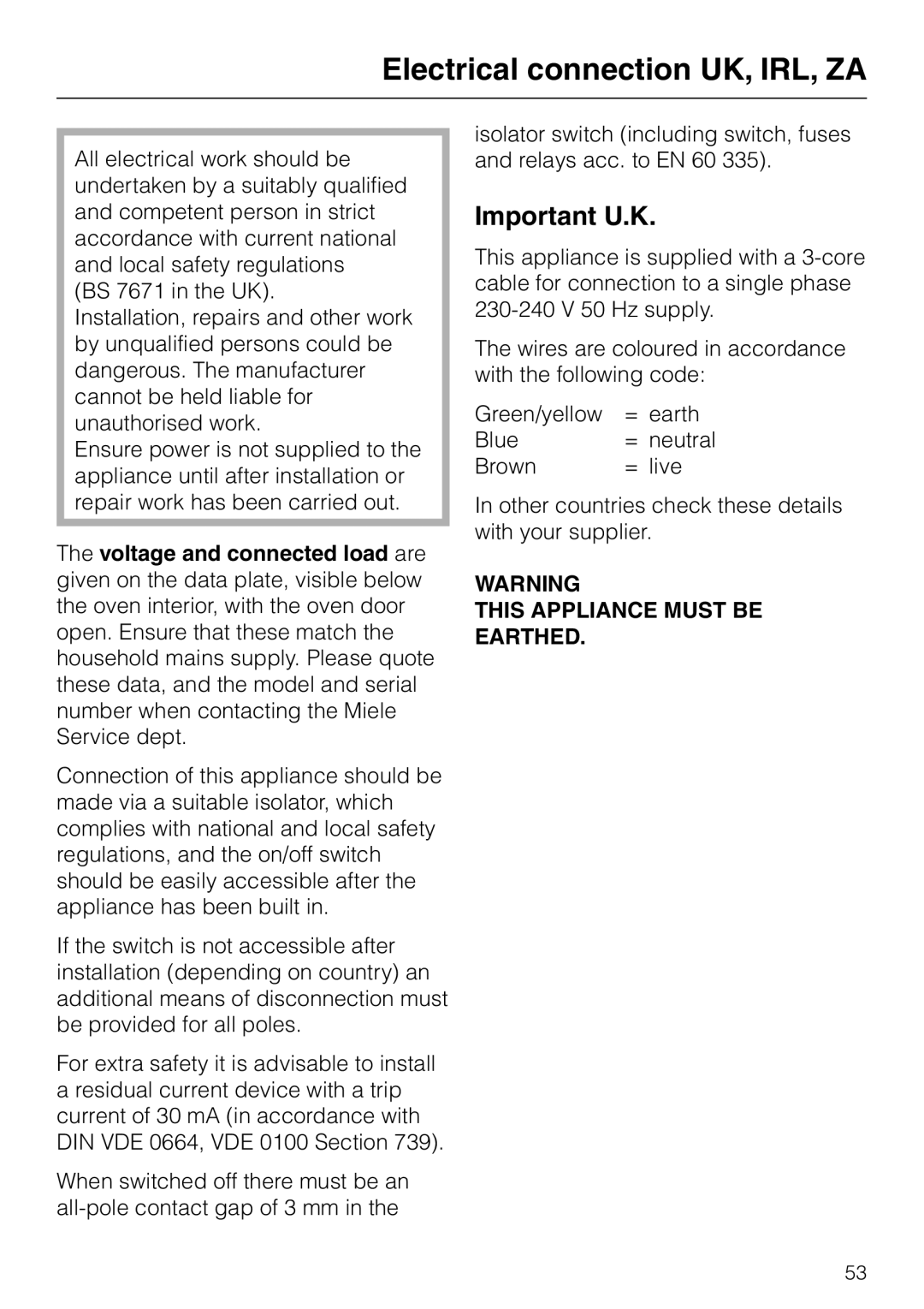 Miele H 4681 installation instructions Electrical connection UK, IRL, ZA, Important U.K 