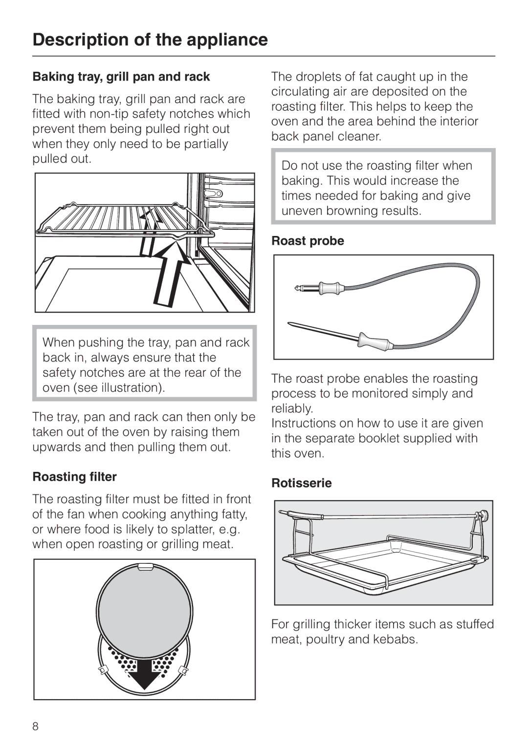 Miele H 4681 installation instructions Baking tray, grill pan and rack, Roasting filter, Roast probe, Rotisserie 