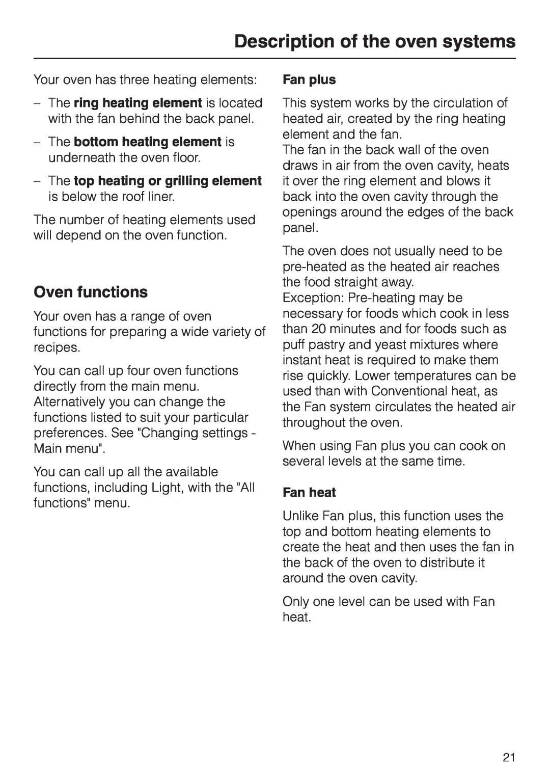 Miele H 4681 installation instructions Description of the oven systems, Oven functions, Fan plus, Fan heat 