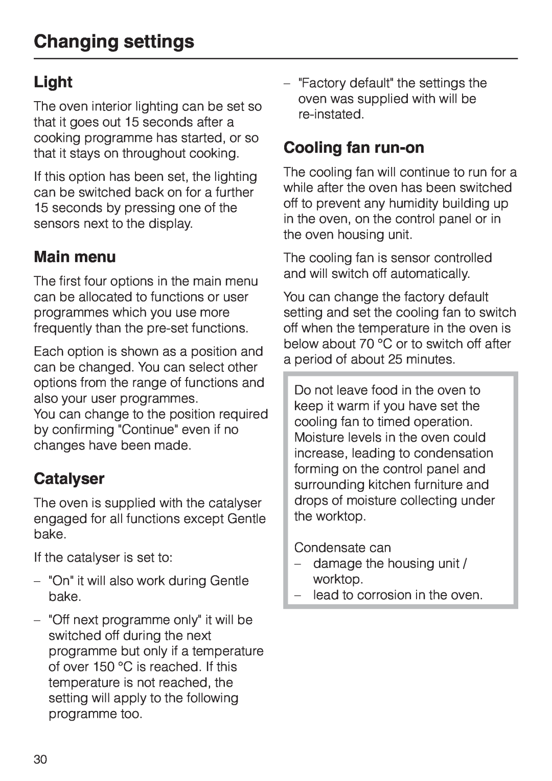 Miele H 4681 installation instructions Light, Main menu, Catalyser, Cooling fan run-on, Changing settings 