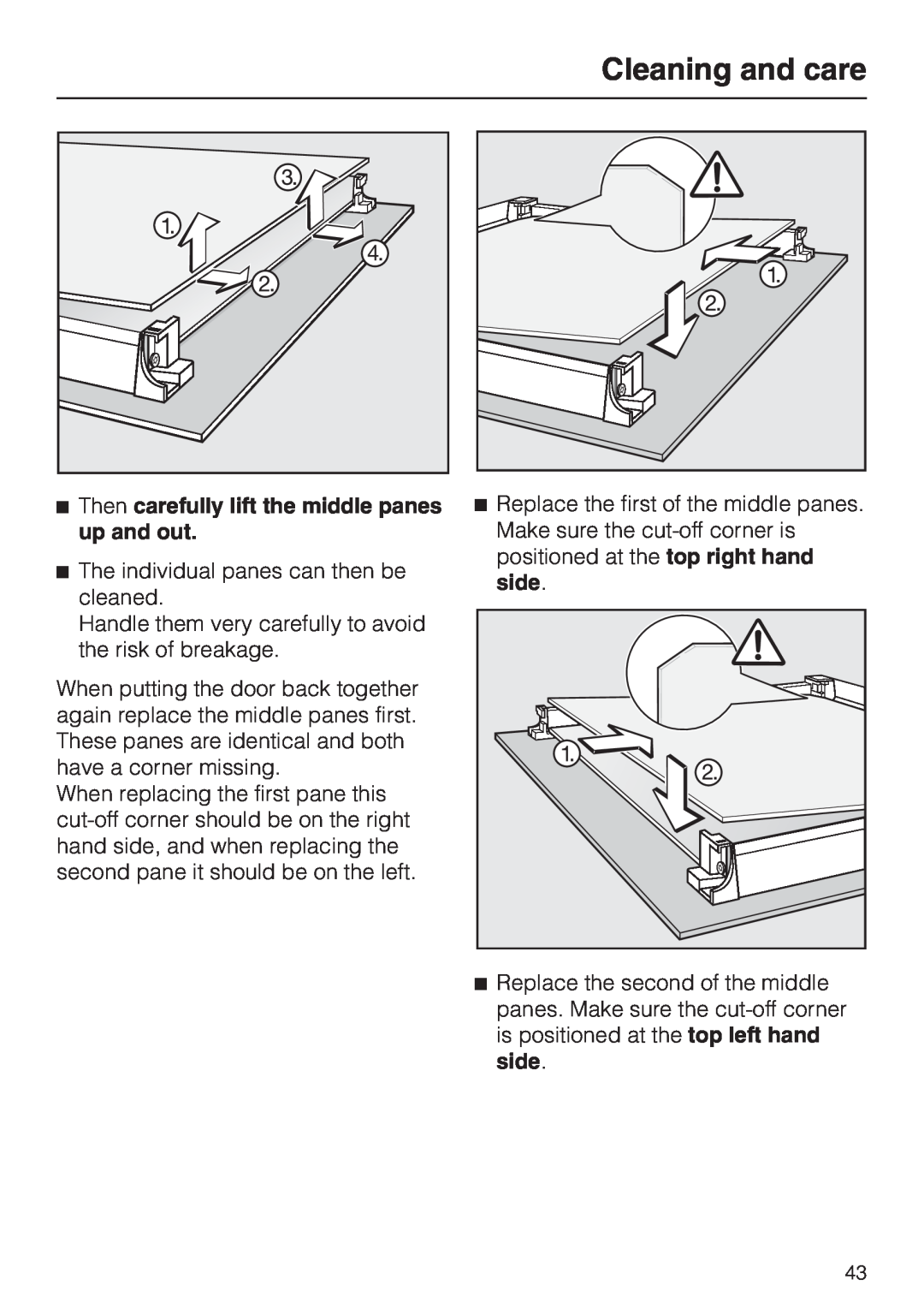 Miele H 4681 installation instructions Then carefully lift the middle panes up and out, Cleaning and care 