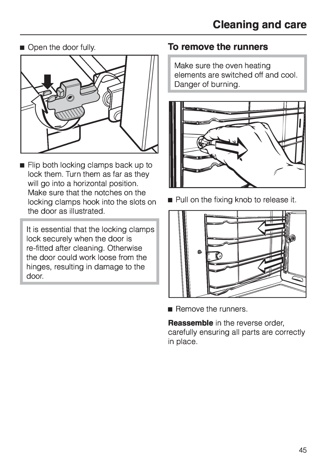 Miele H 4681 To remove the runners, Open the door fully, Pull on the fixing knob to release it, Remove the runners 