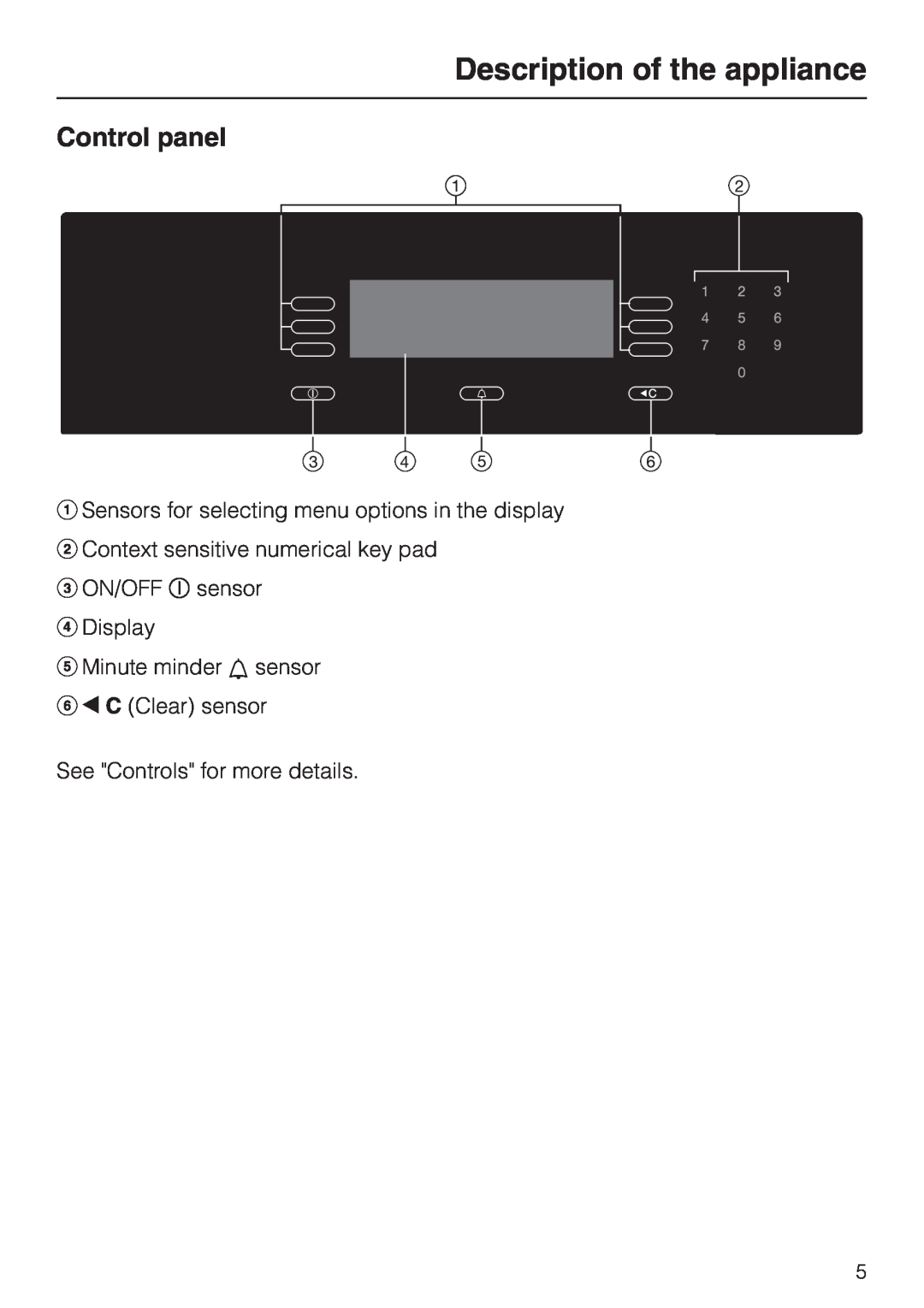 Miele H 4681 installation instructions Control panel, Description of the appliance, bContext sensitive numerical key pad 