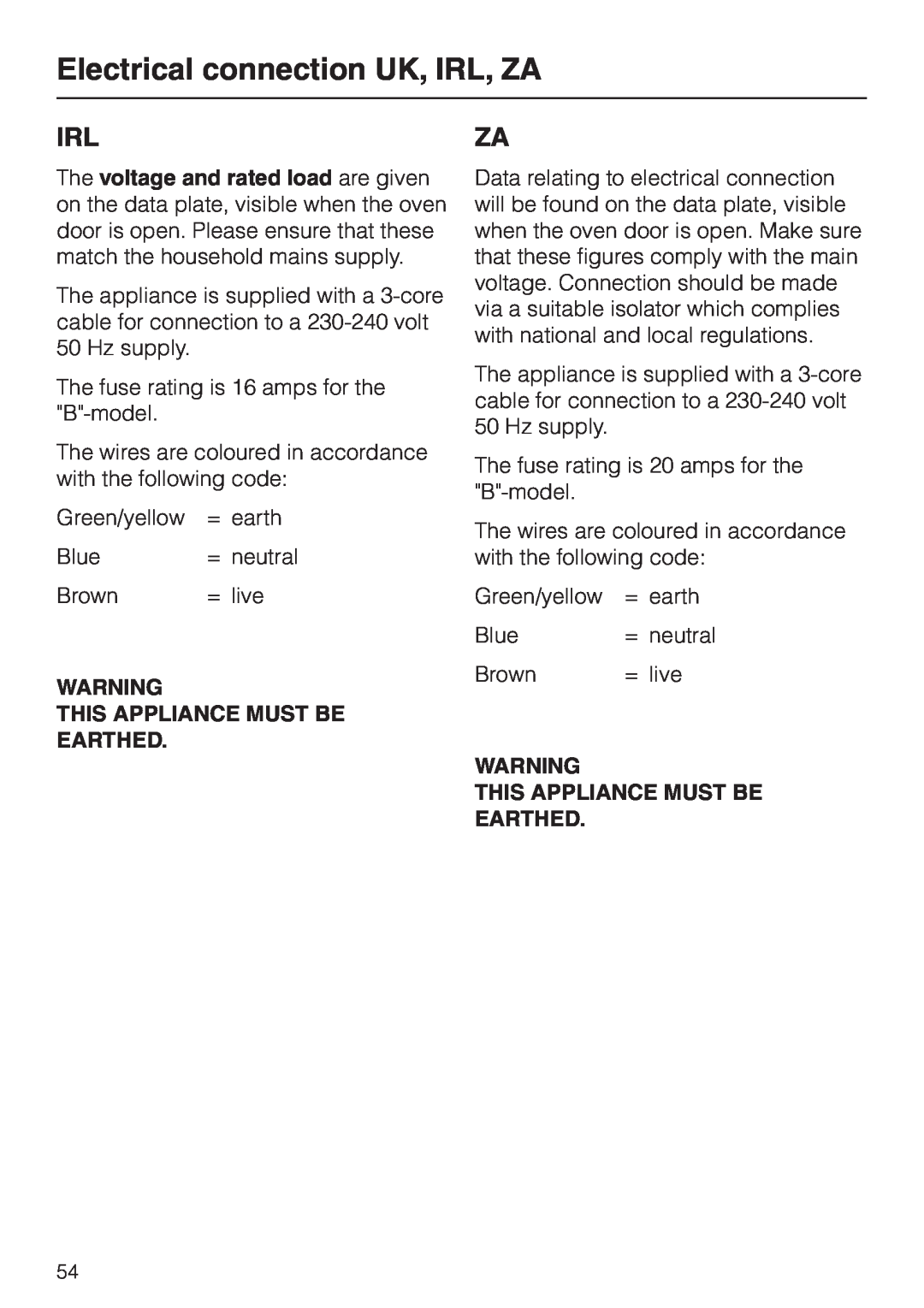 Miele H 4681 installation instructions Electrical connection UK, IRL, ZA, This Appliance Must Be Earthed 