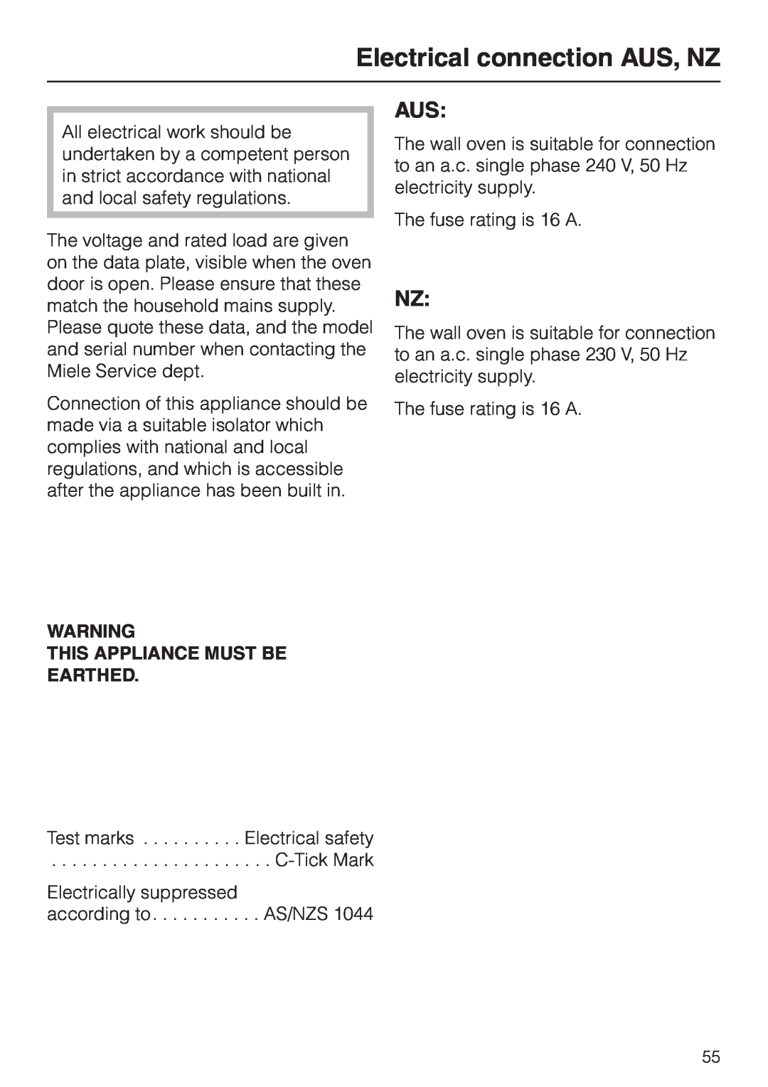 Miele H 4681 installation instructions Electrical connection AUS, NZ, This Appliance Must Be Earthed 