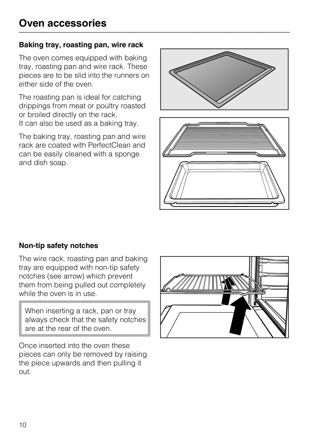 Miele H 4684 B installation instructions Oven accessories, Baking tray, roasting pan, wire rack, Non-tip safety notches 