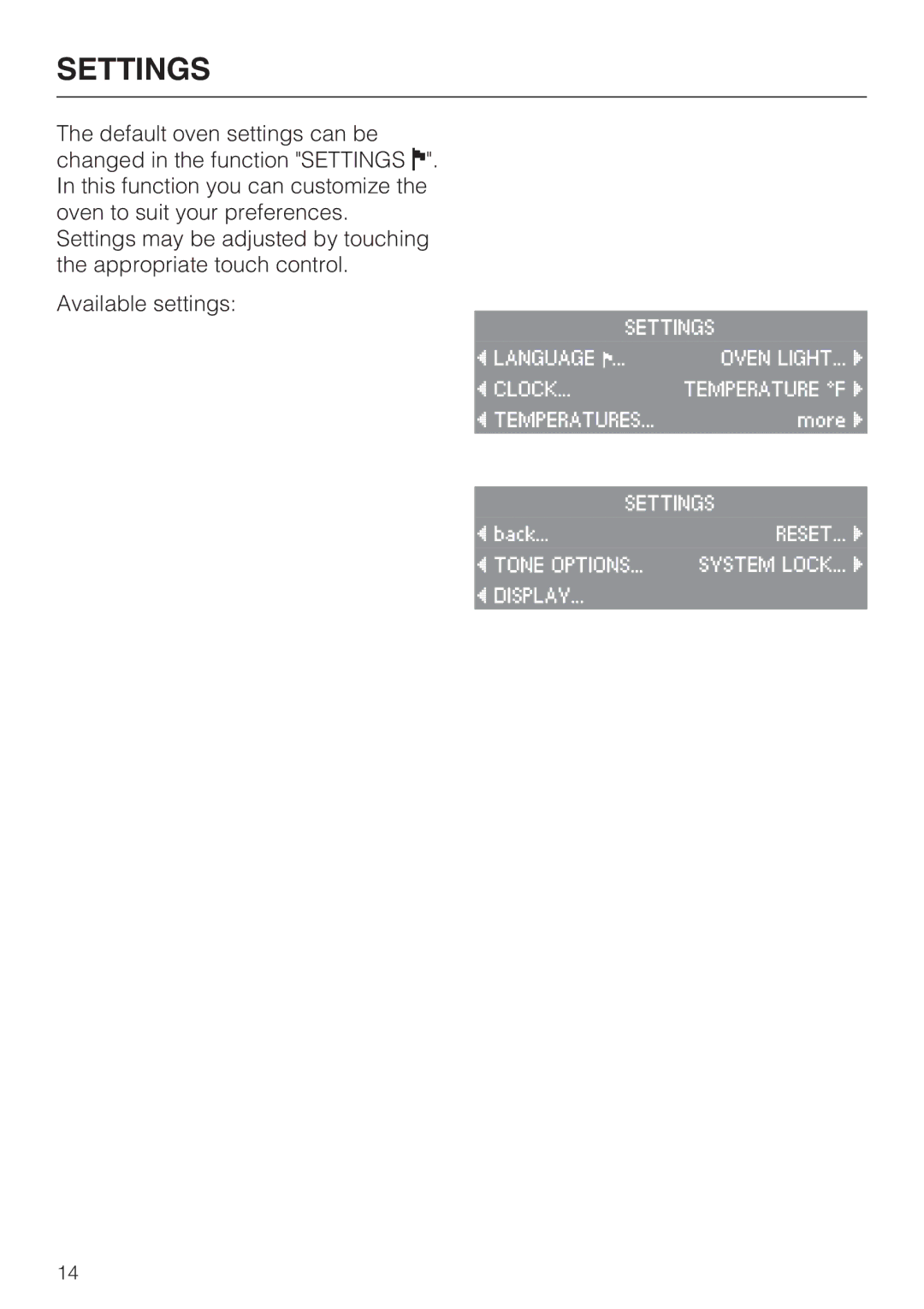 Miele H 4684 B installation instructions Settings 