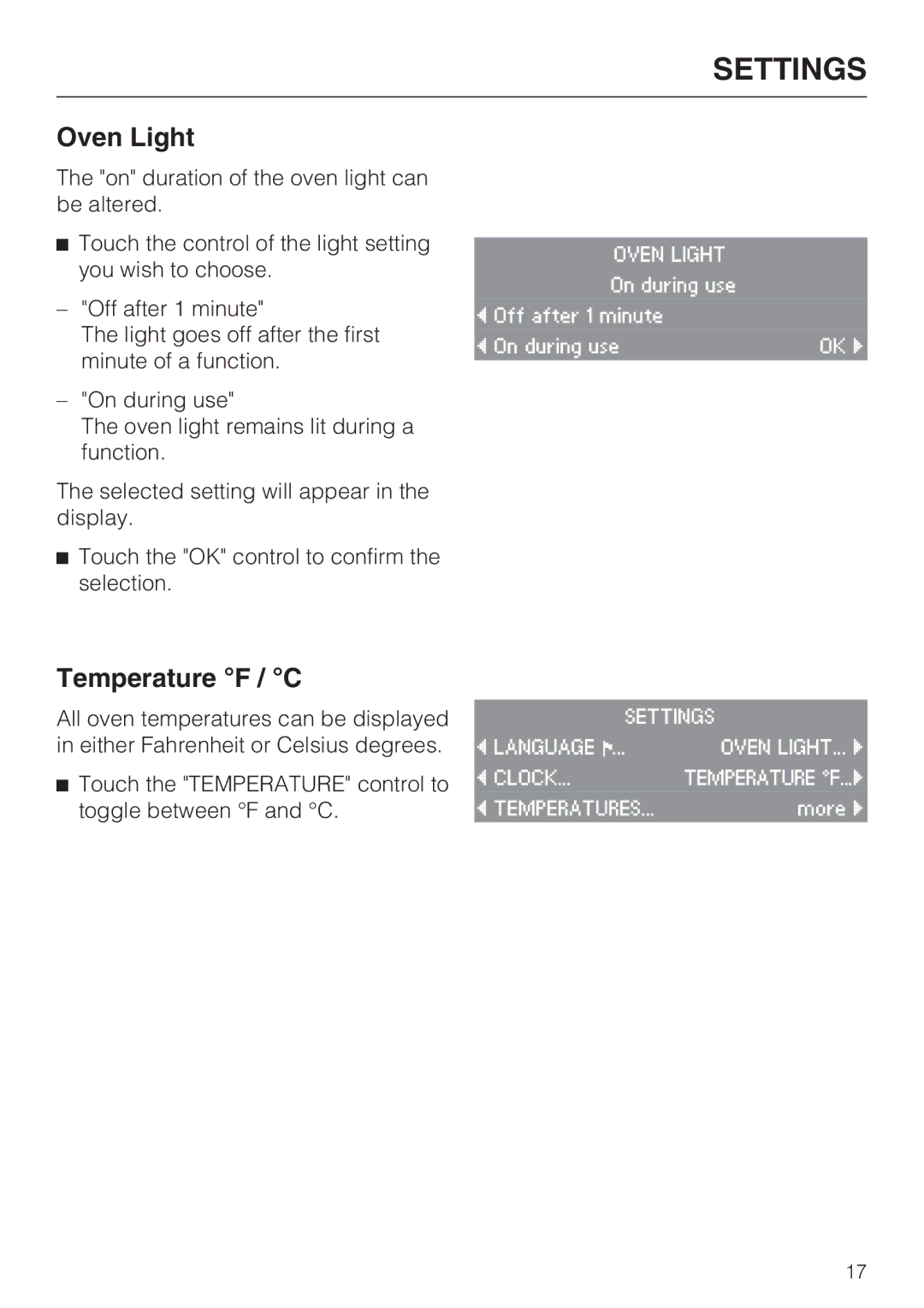 Miele H 4684 B installation instructions Oven Light, Temperature F / C 