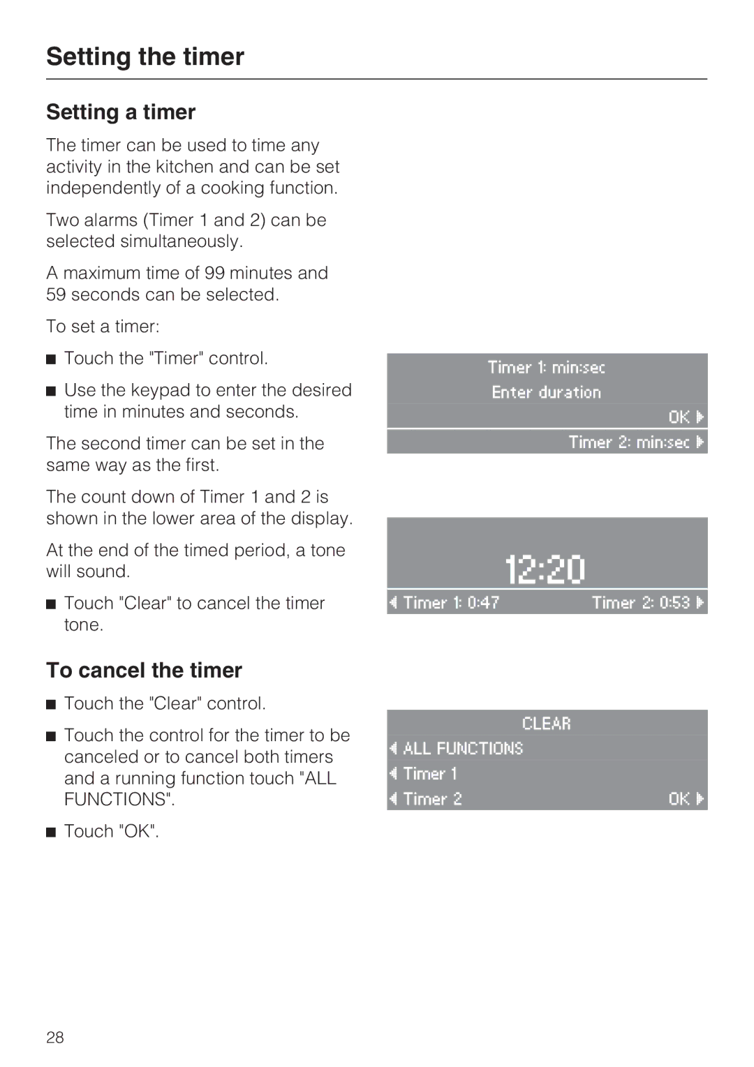 Miele H 4684 B installation instructions Setting the timer, Setting a timer, To cancel the timer 