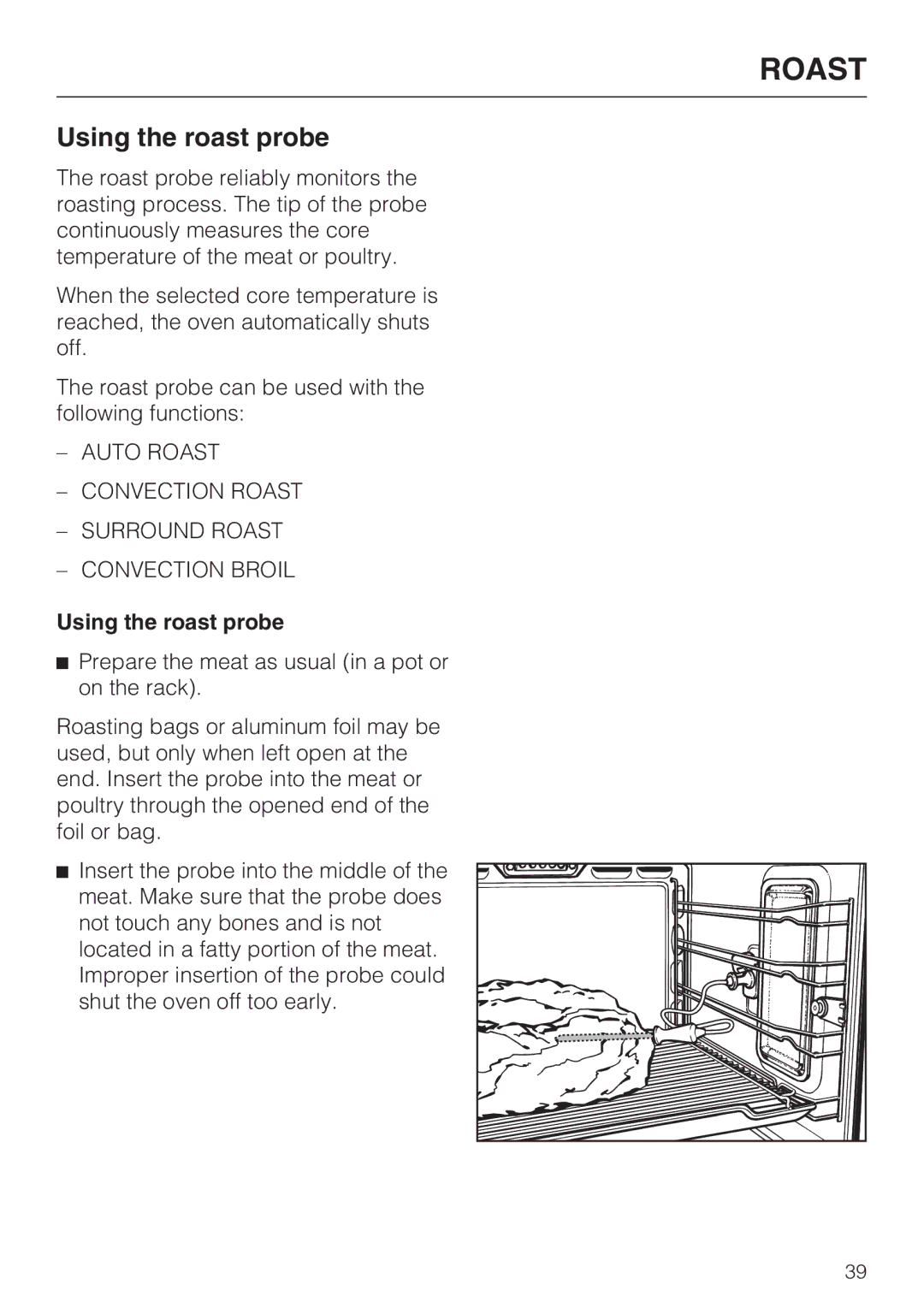 Miele H 4684 B installation instructions Using the roast probe 