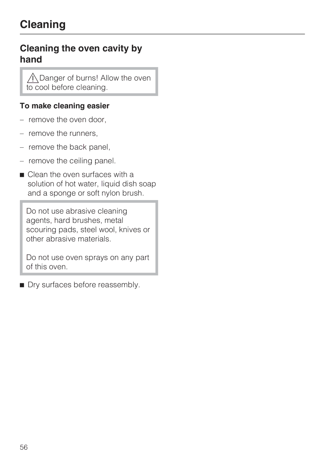 Miele H 4684 B installation instructions Cleaning the oven cavity by hand, To make cleaning easier 