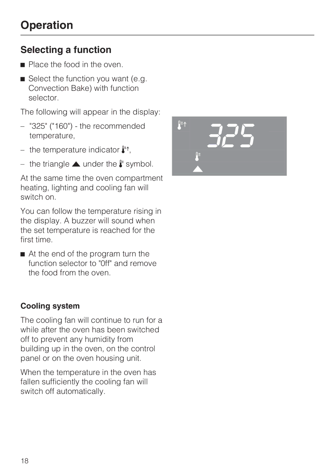 Miele H 4744 BP, H 4746 BP installation instructions Operation, Selecting a function, Cooling system 