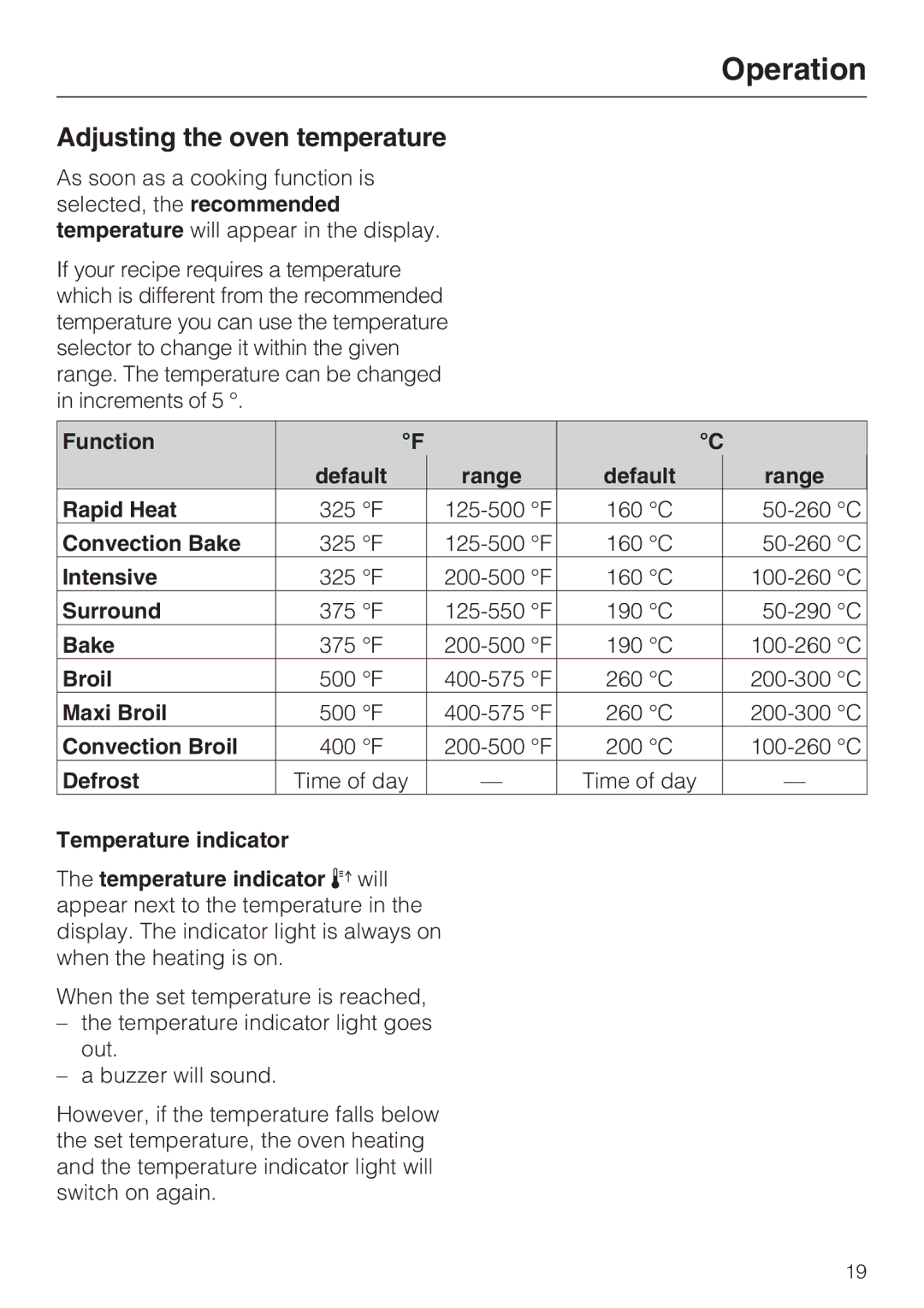 Miele H 4746 BP, H 4744 BP installation instructions Adjusting the oven temperature 