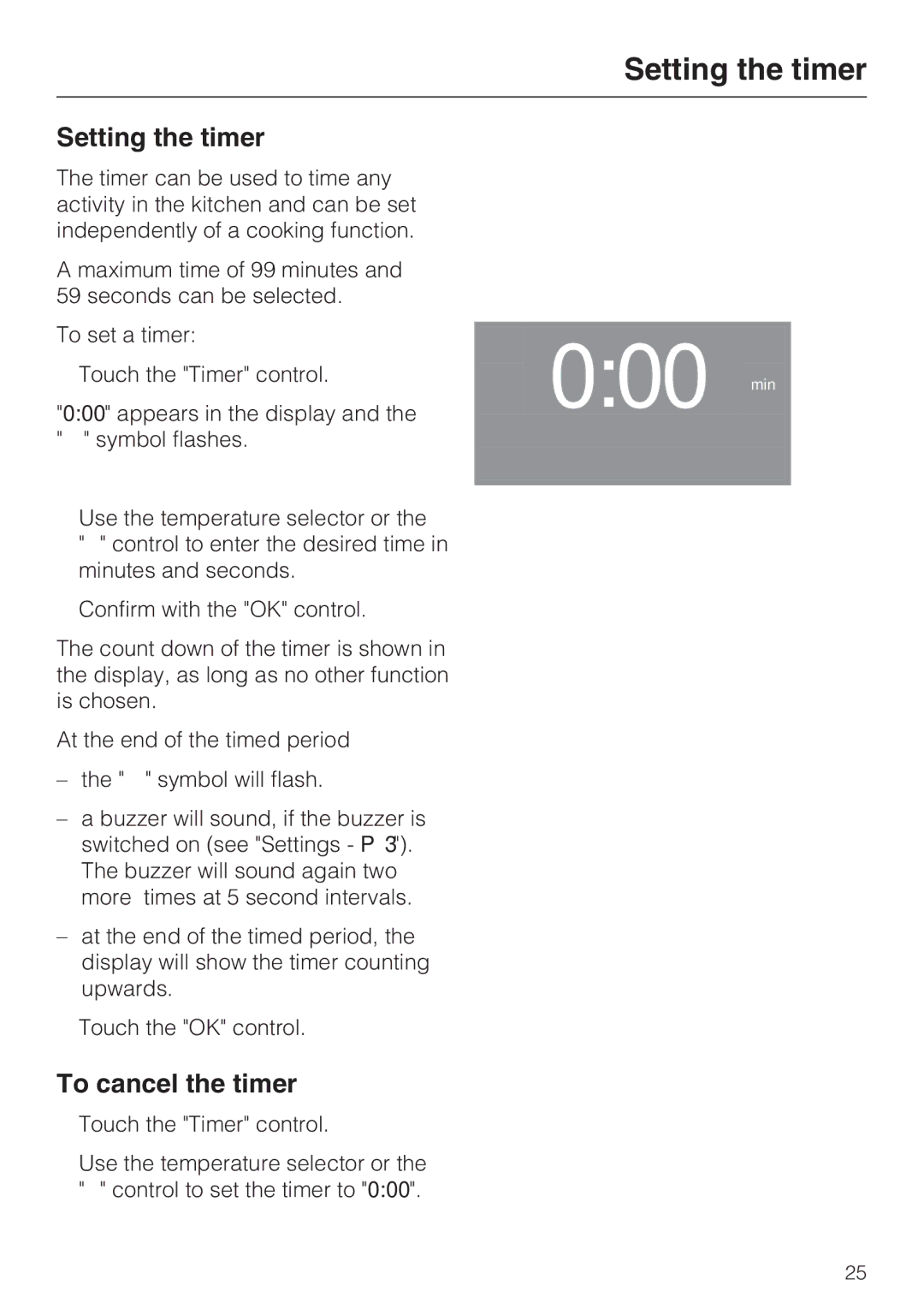 Miele H 4746 BP, H 4744 BP installation instructions Setting the timer, To cancel the timer 