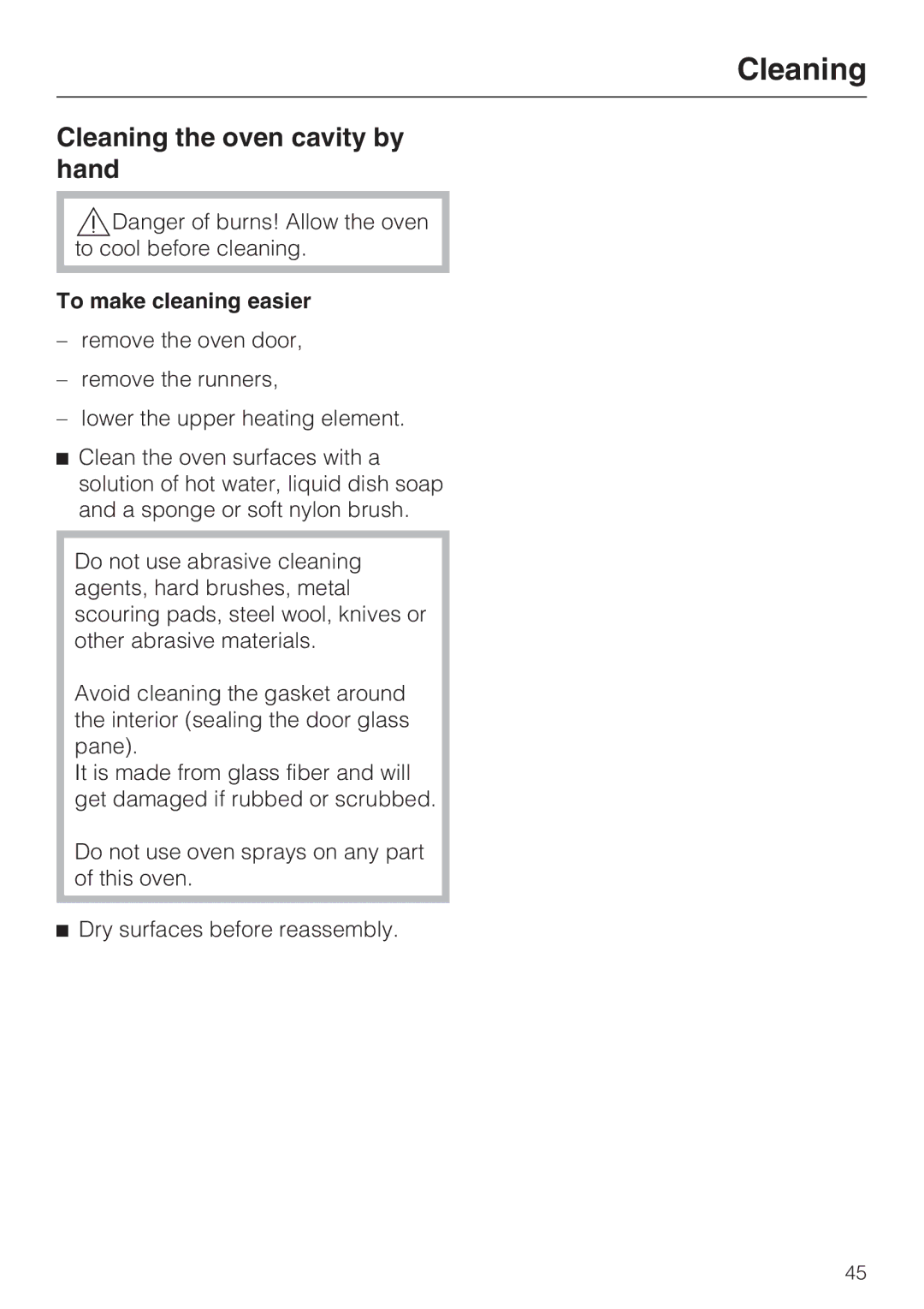 Miele H 4746 BP, H 4744 BP installation instructions Cleaning the oven cavity by hand, To make cleaning easier 