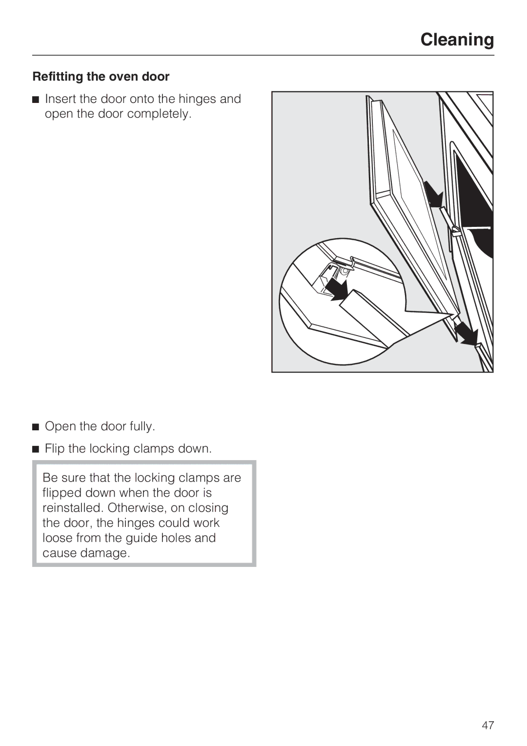 Miele H 4746 BP, H 4744 BP installation instructions Refitting the oven door 