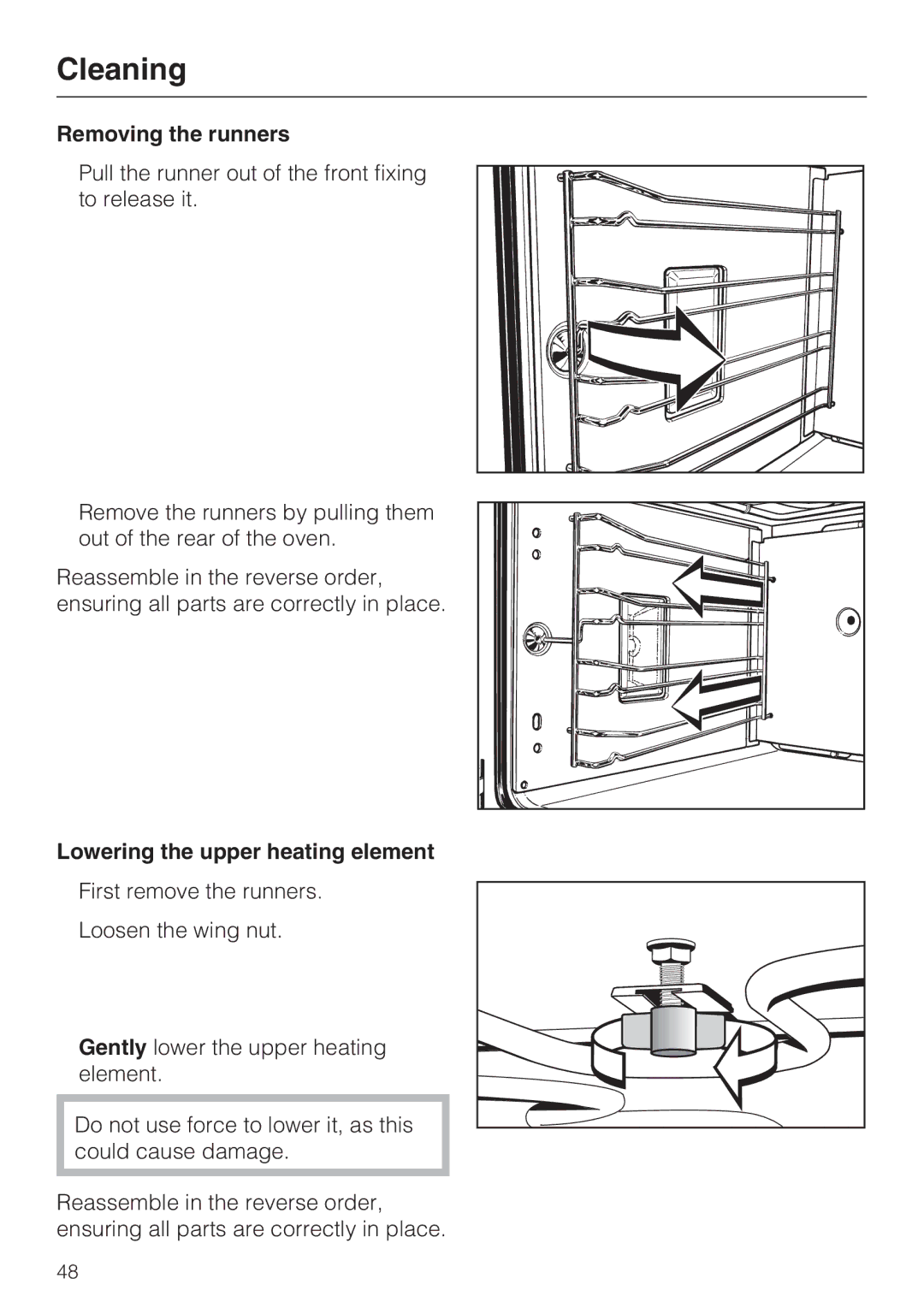 Miele H 4744 BP, H 4746 BP installation instructions Removing the runners, Lowering the upper heating element 