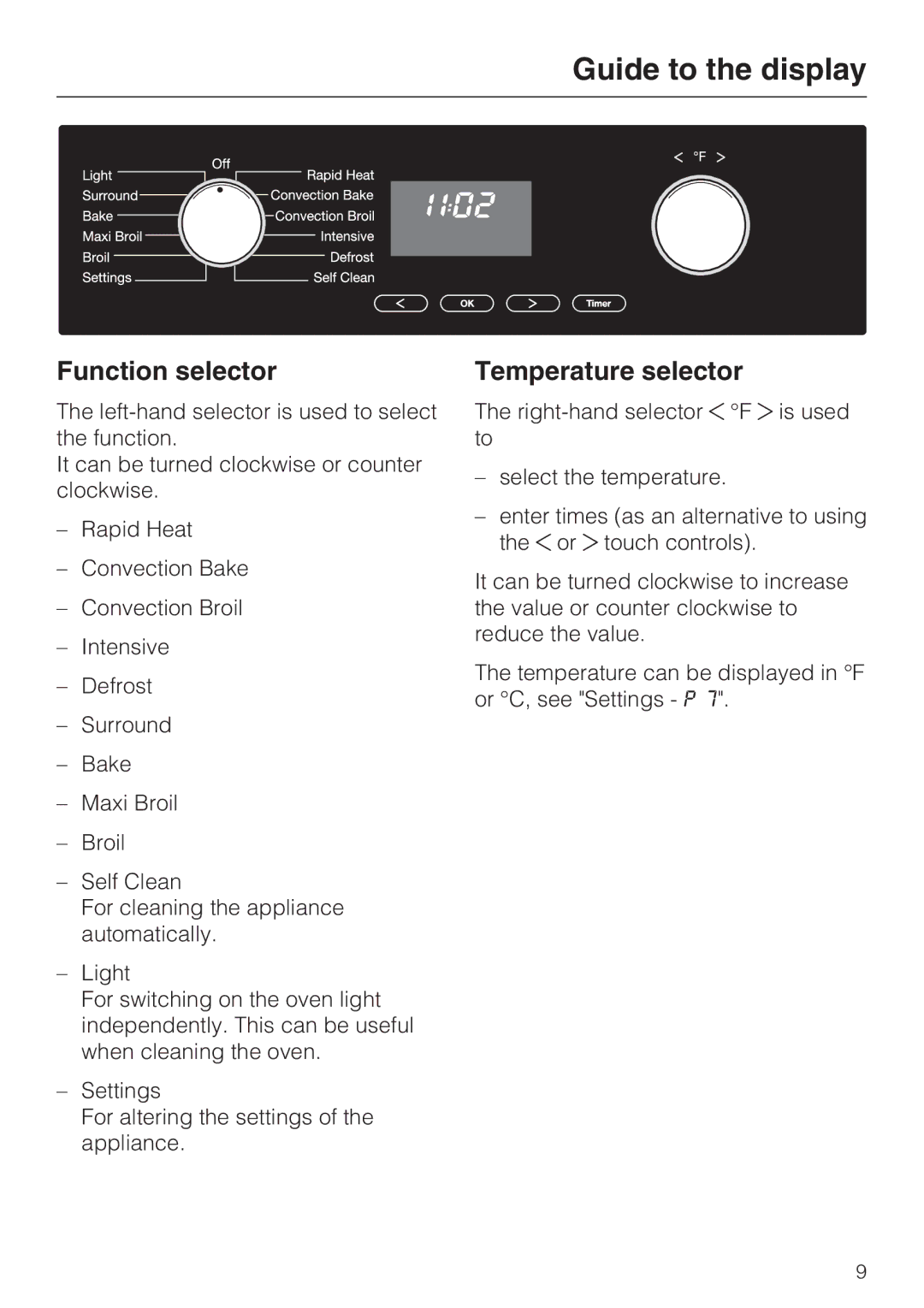 Miele H 4746 BP, H 4744 BP installation instructions Guide to the display, Function selector, Temperature selector 