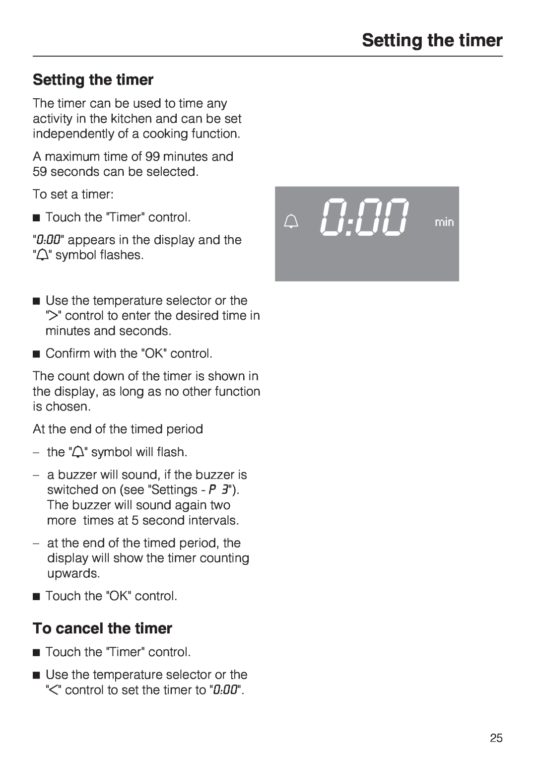 Miele H 4746 BP, H 4744 BP installation instructions 000 min, Setting the timer, To cancel the timer 