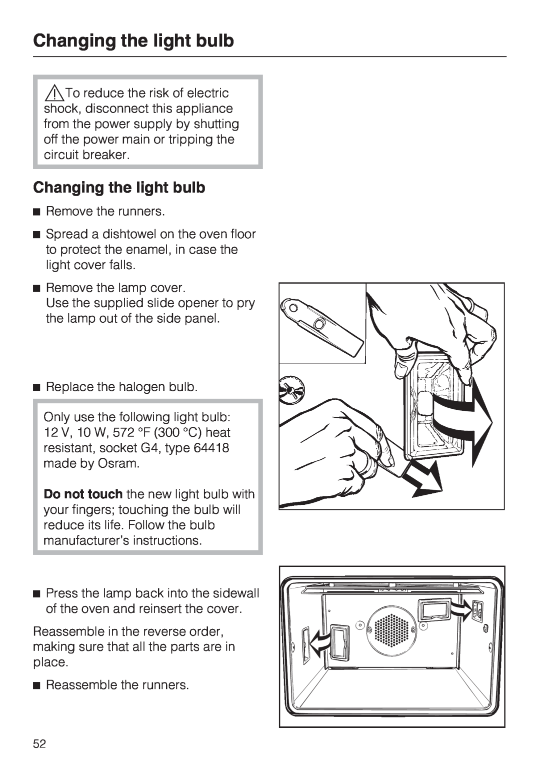 Miele H 4744 BP, H 4746 BP installation instructions Changing the light bulb 