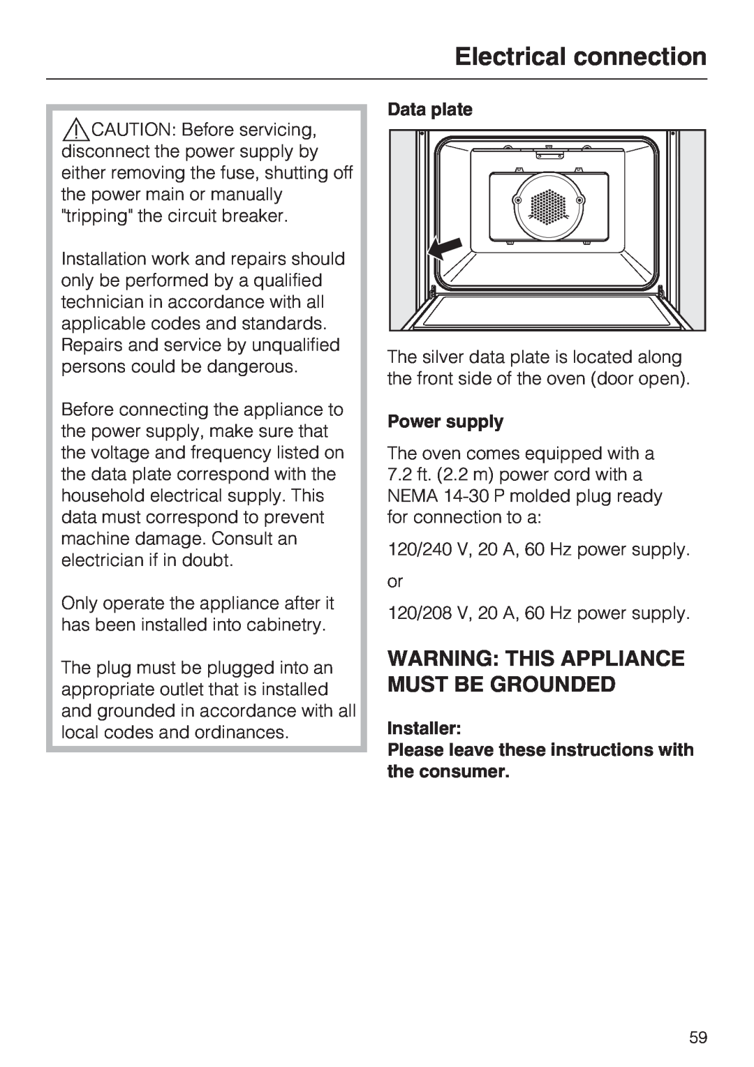 Miele H 4746 BP, H 4744 BP installation instructions Electrical connection, Warning This Appliance Must Be Grounded 
