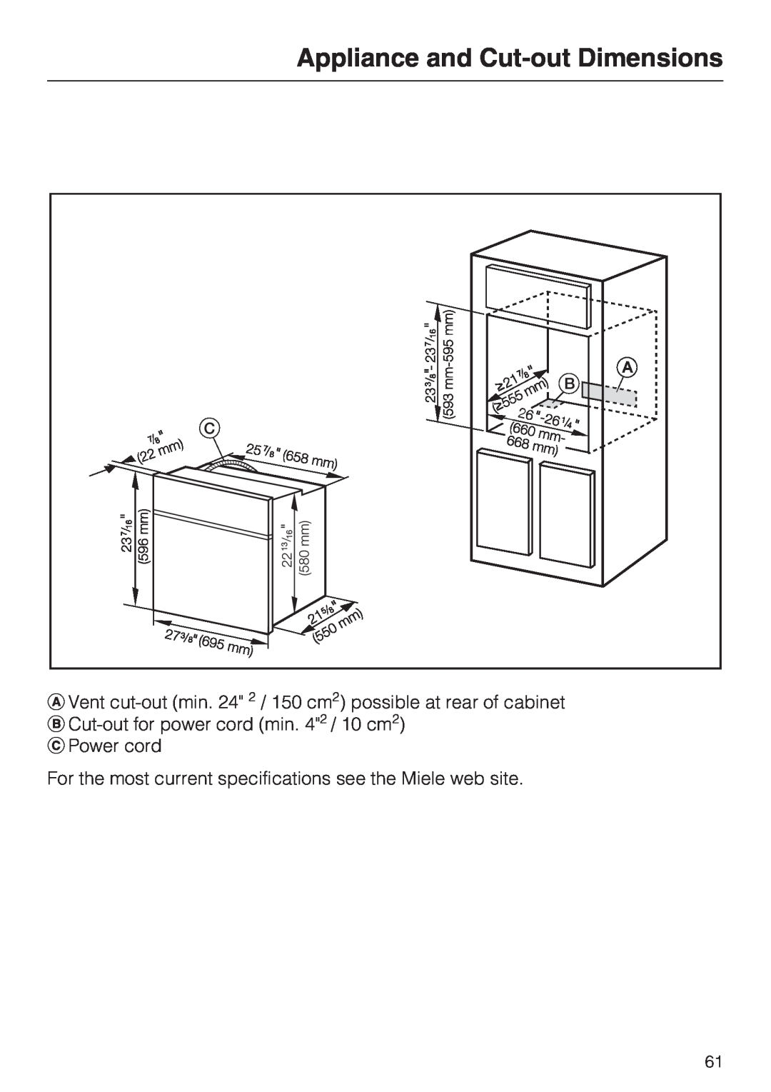 Miele H 4746 BP, H 4744 BP Appliance and Cut-out Dimensions, Vent cut-out min. 24 2 / 150 cm2 possible at rear of cabinet 
