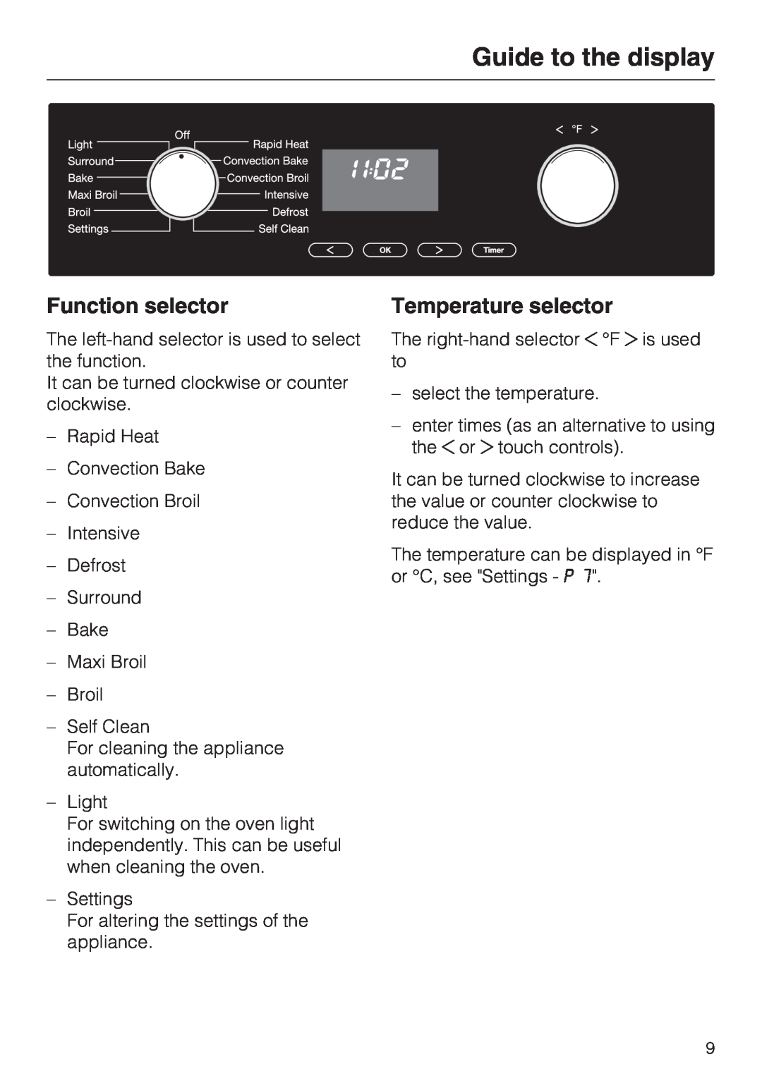 Miele H 4746 BP, H 4744 BP installation instructions Guide to the display, Function selector, Temperature selector 