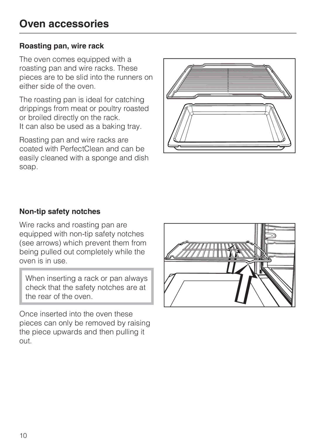 Miele H 4784 BP, H 4786 BP installation instructions Oven accessories, Roasting pan, wire rack, Non-tip safety notches 