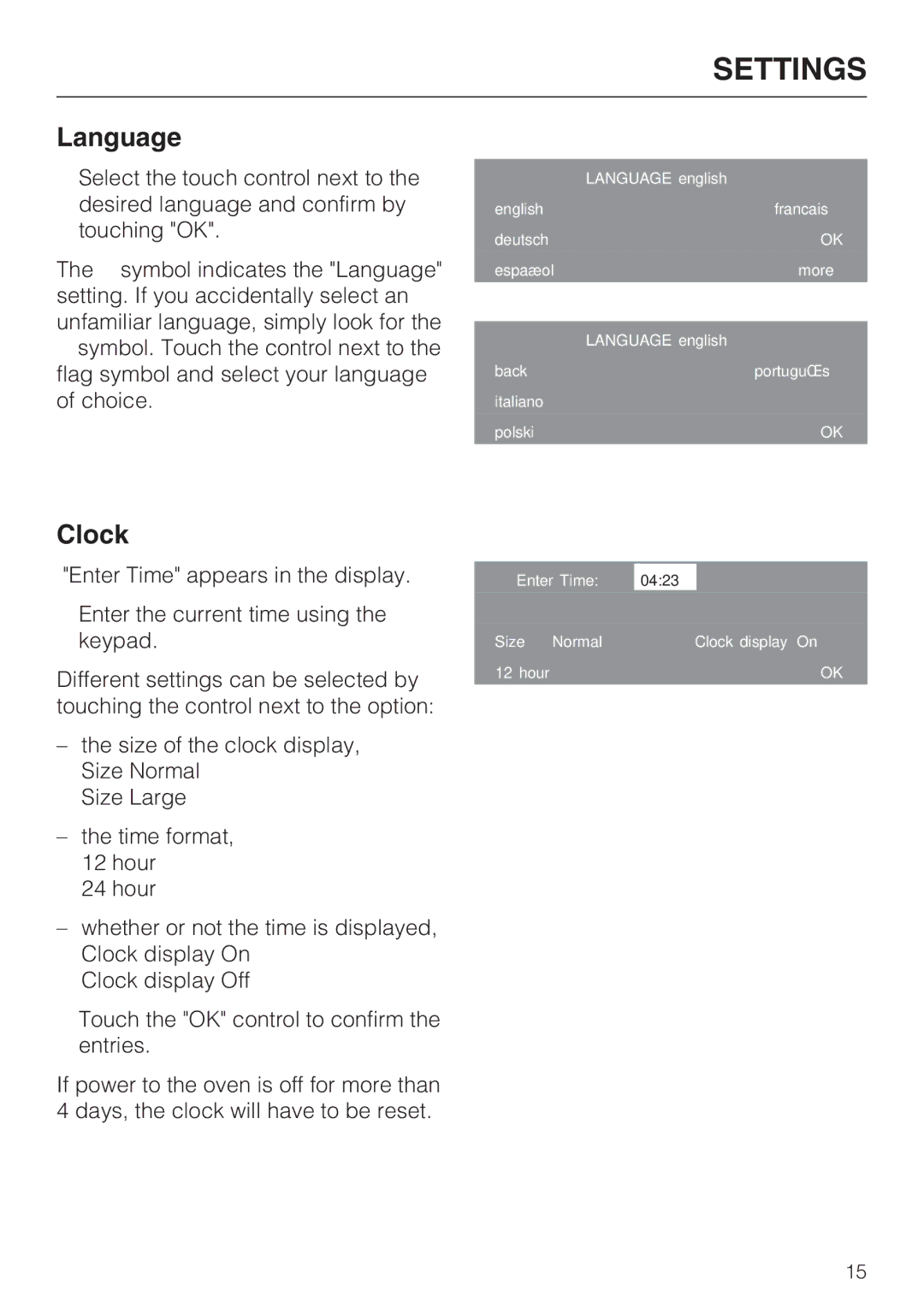 Miele H 4786 BP, H 4784 BP installation instructions Language, Clock 