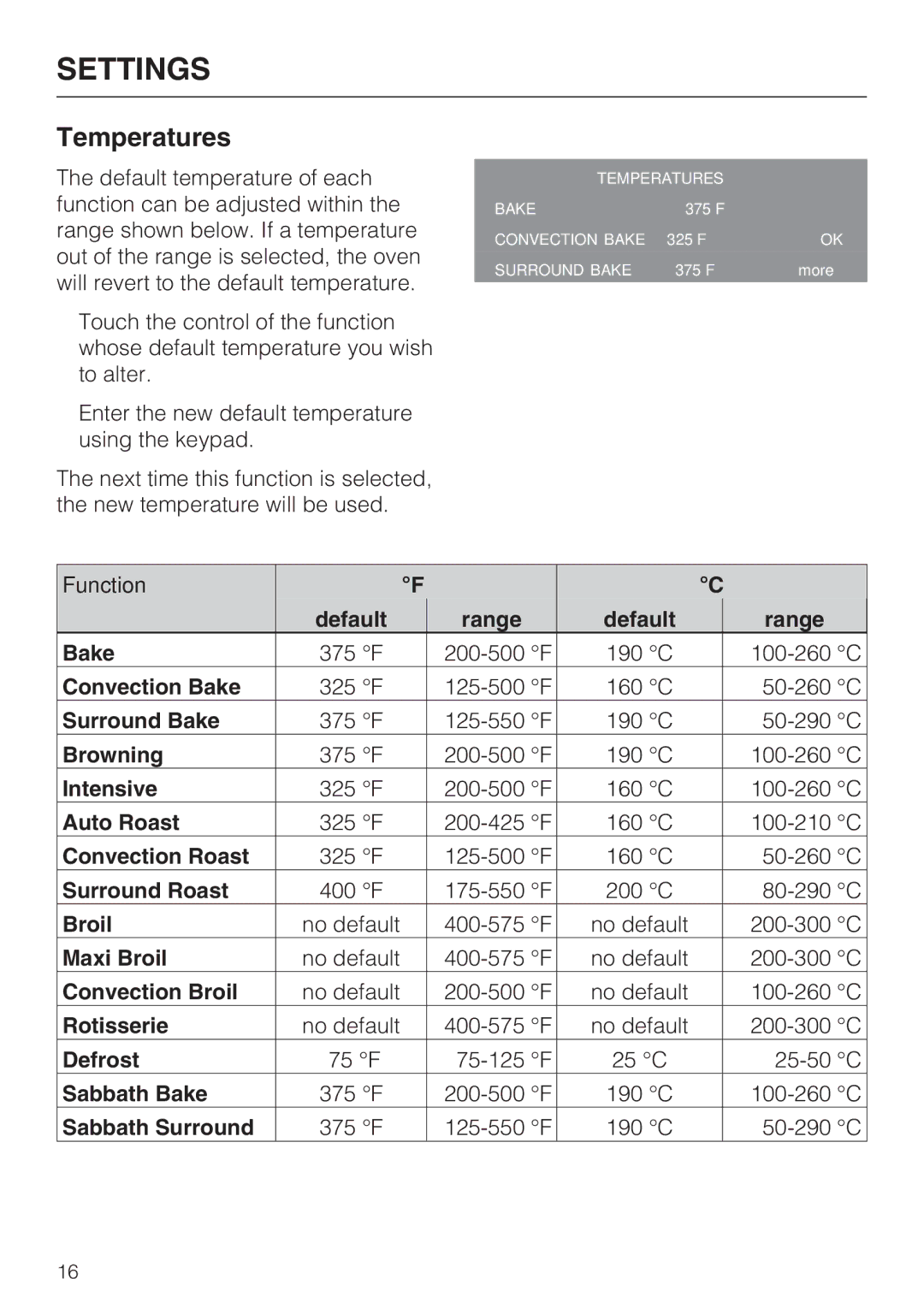 Miele H 4784 BP, H 4786 BP installation instructions Temperatures 