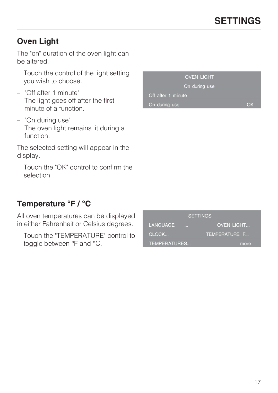 Miele H 4786 BP, H 4784 BP installation instructions Oven Light, Temperature F / C 