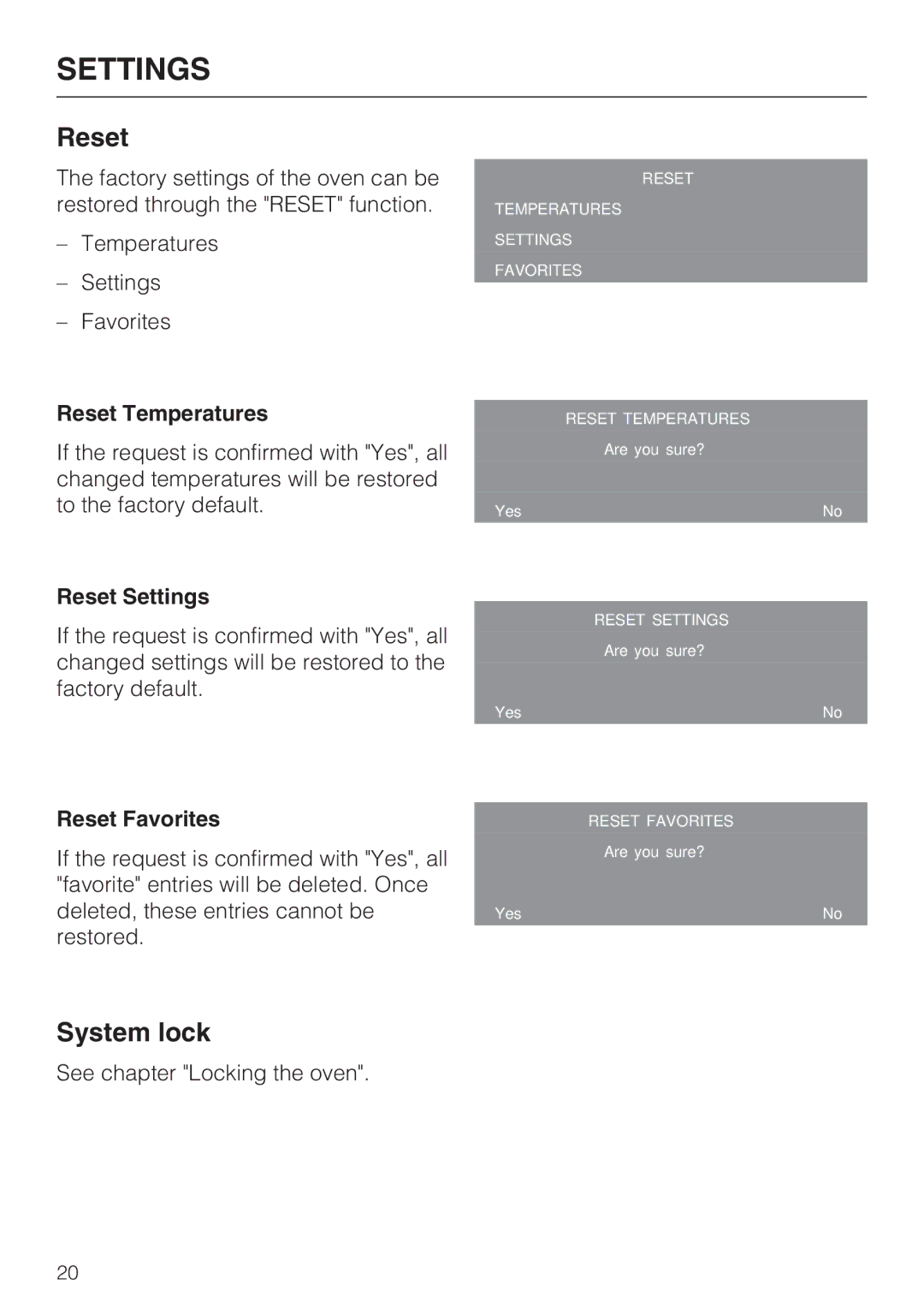 Miele H 4784 BP, H 4786 BP installation instructions Reset Temperatures, Reset Settings, Reset Favorites 