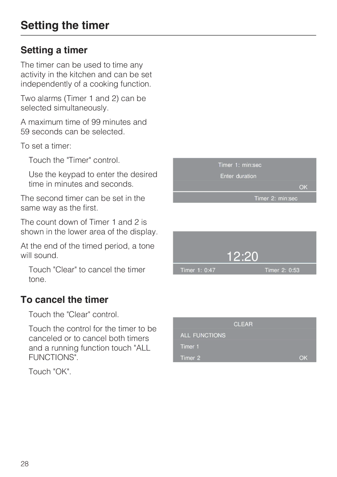 Miele H 4784 BP, H 4786 BP installation instructions Setting the timer, Setting a timer, To cancel the timer 