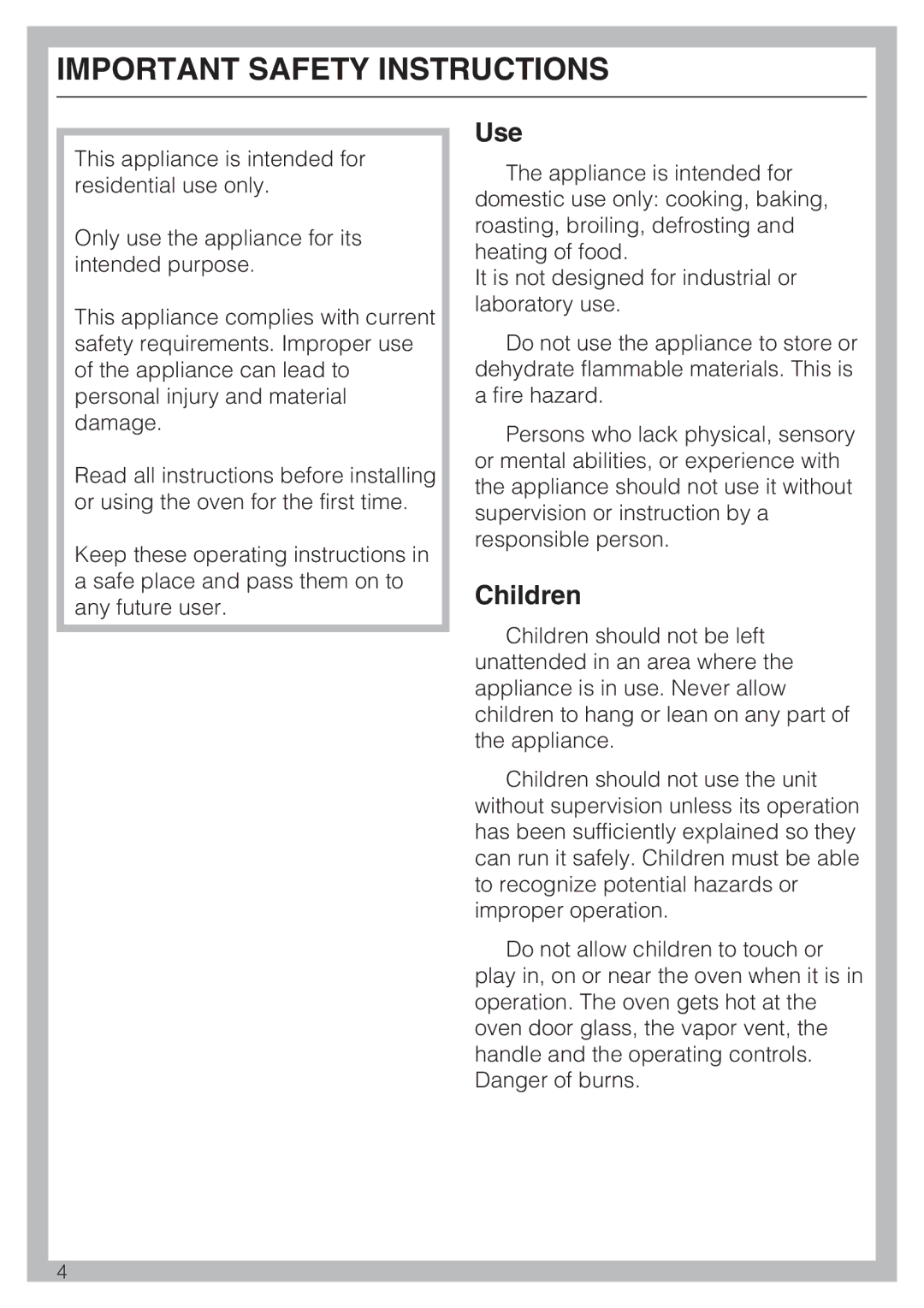 Miele H 4784 BP, H 4786 BP installation instructions Important Safety Instructions, Use, Children 