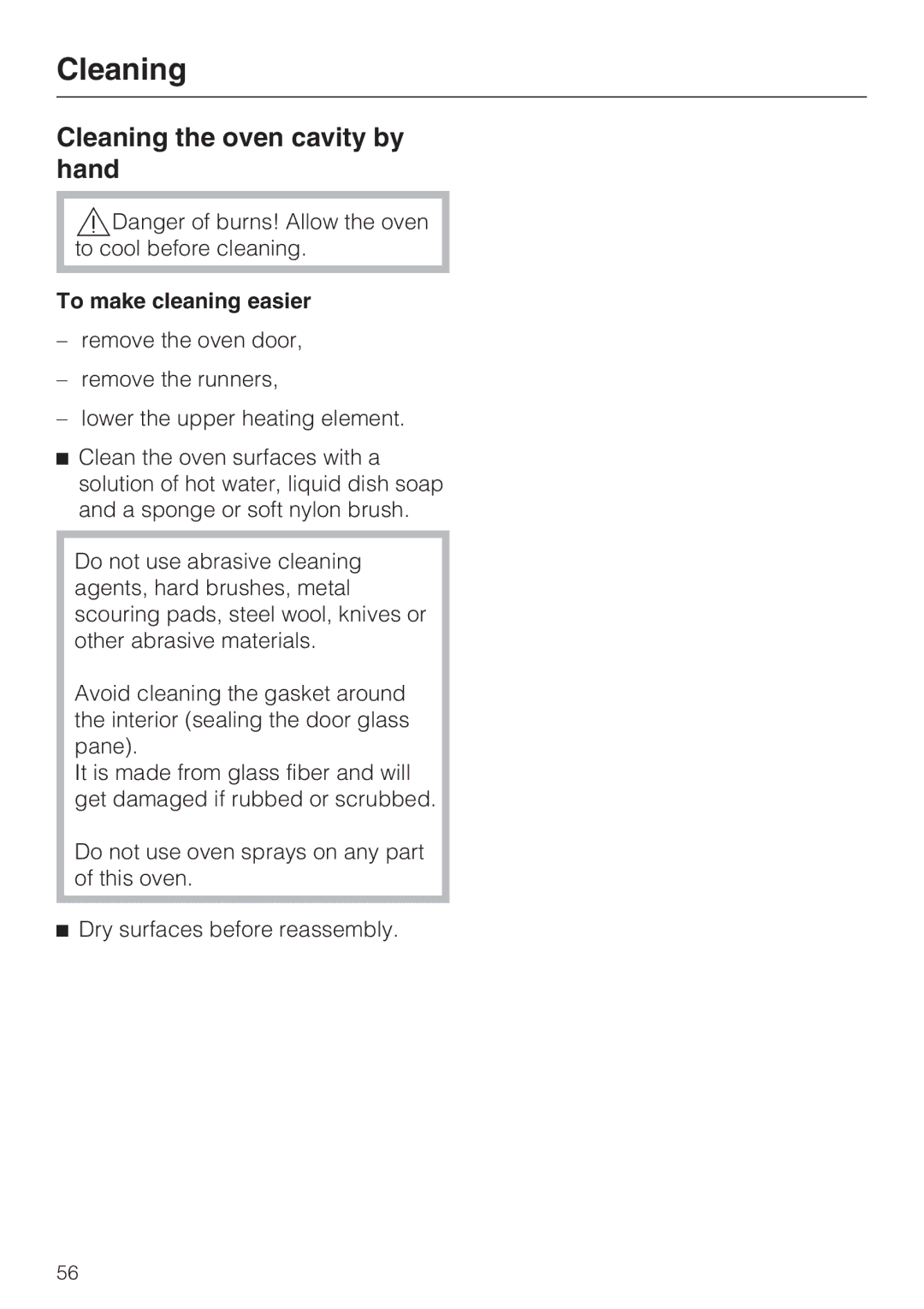 Miele H 4784 BP, H 4786 BP installation instructions Cleaning the oven cavity by hand, To make cleaning easier 