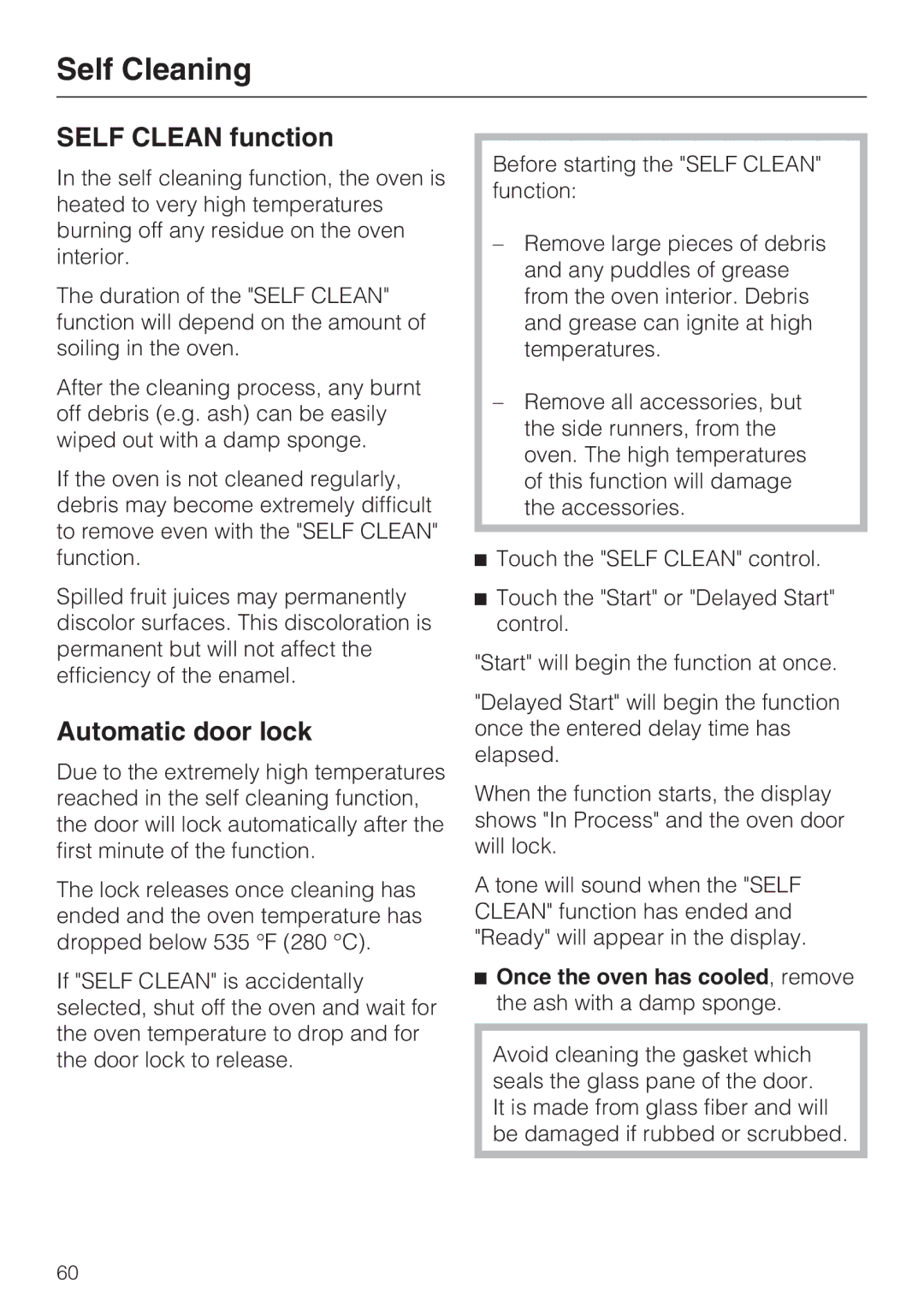 Miele H 4784 BP, H 4786 BP installation instructions Self Cleaning, Self Clean function, Automatic door lock 