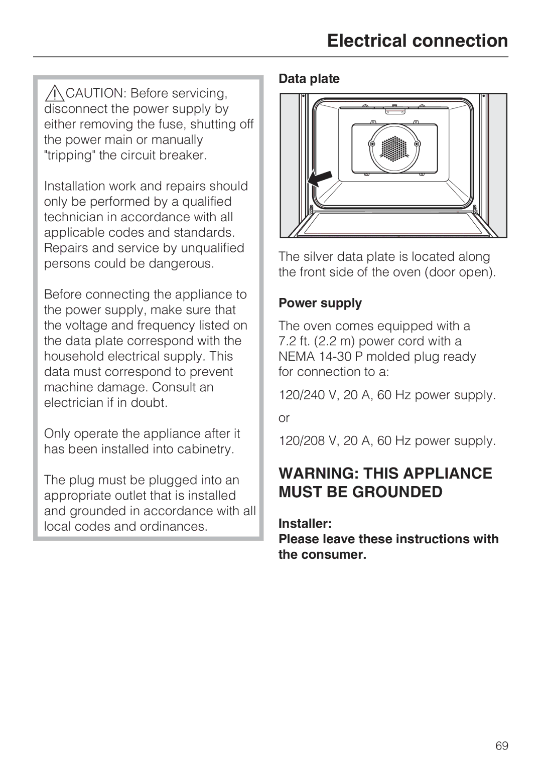 Miele H 4786 BP, H 4784 BP installation instructions Electrical connection, Data plate, Power supply 