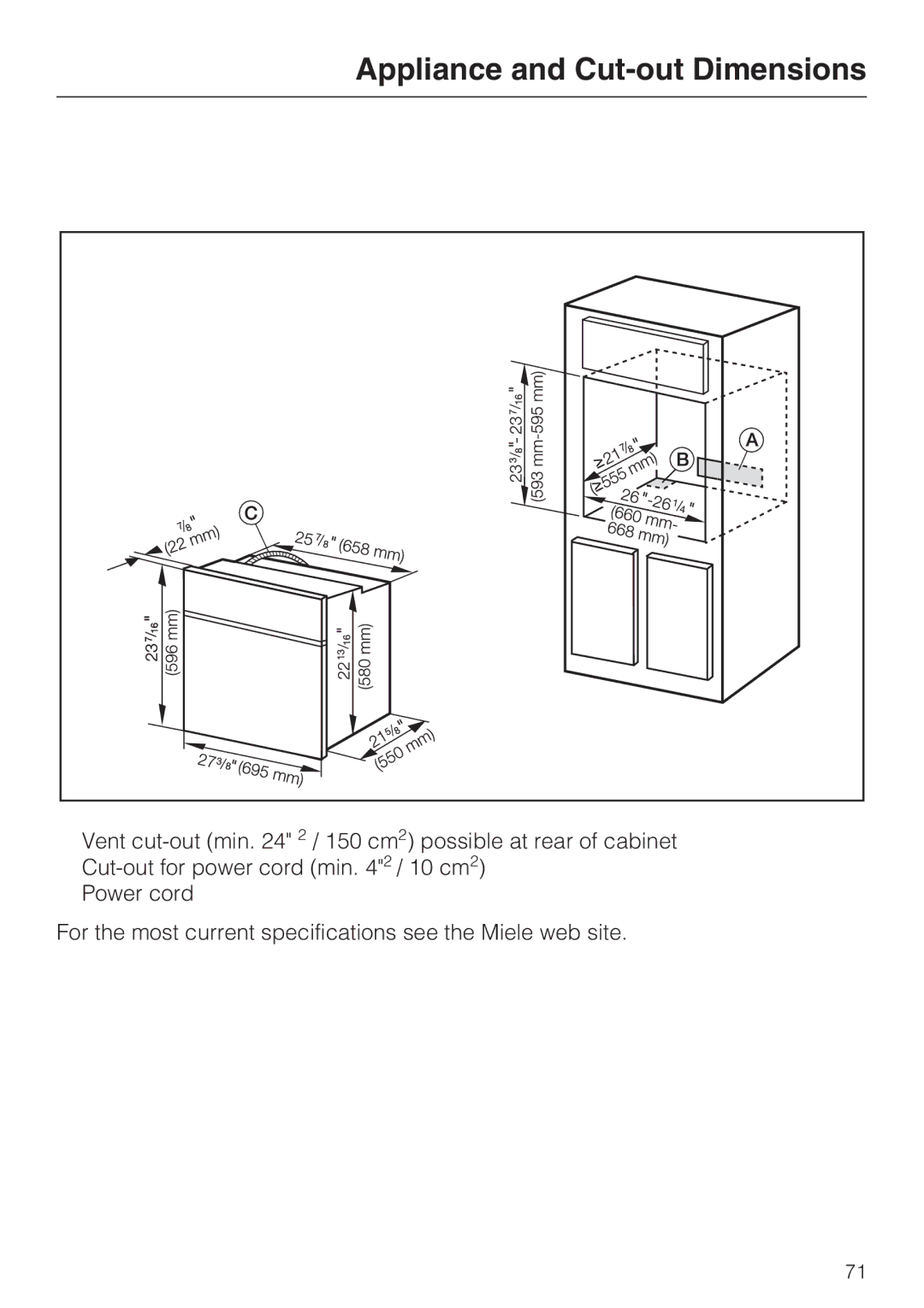 Miele H 4786 BP, H 4784 BP installation instructions Appliance and Cut-out Dimensions 