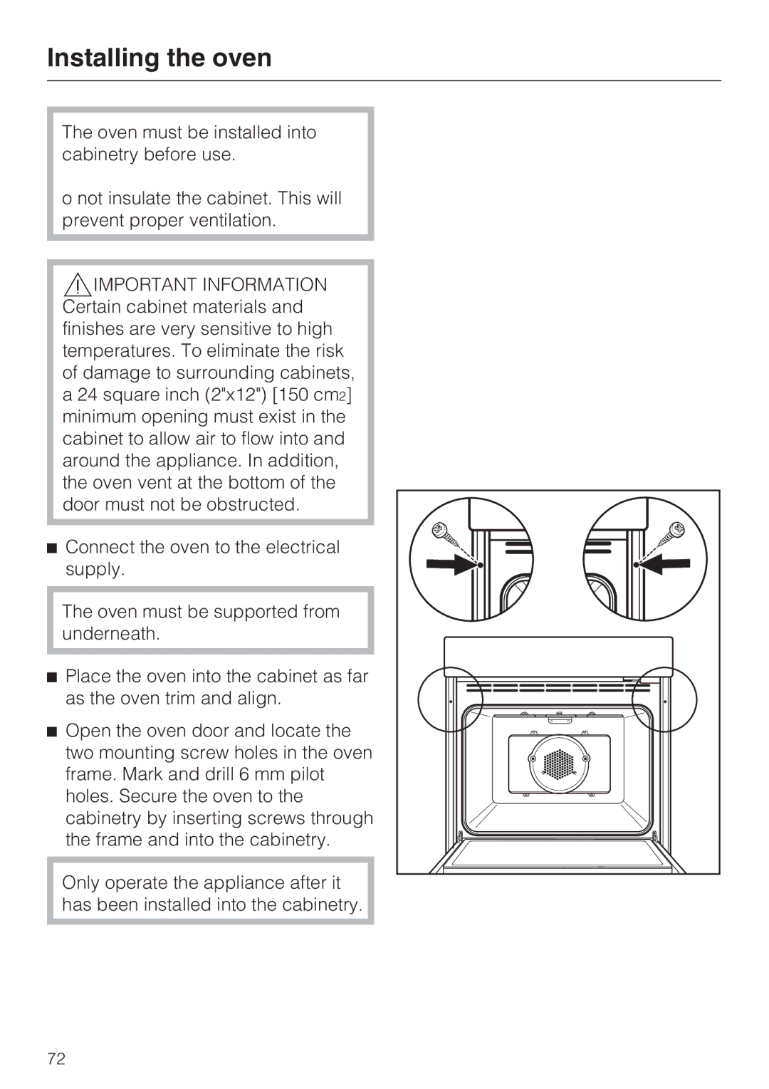 Miele H 4784 BP, H 4786 BP installation instructions Installing the oven 