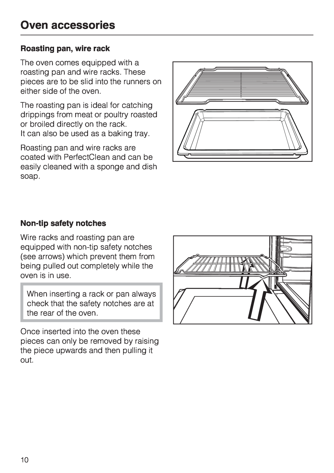 Miele H 4784 BP, H 4786 BP installation instructions Oven accessories, Roasting pan, wire rack, Non-tipsafety notches 