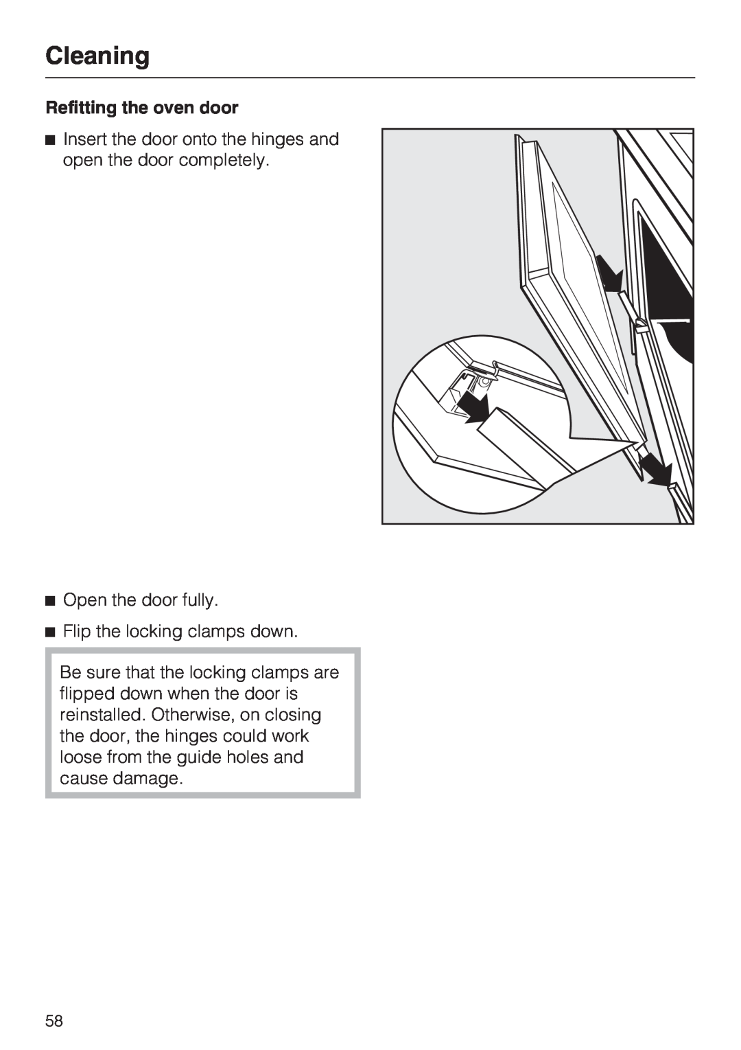 Miele H 4784 BP, H 4786 BP installation instructions Cleaning, Refitting the oven door 