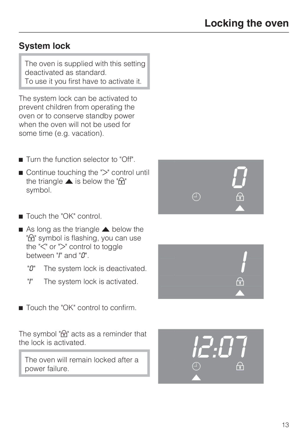 Miele H 4844 BP, H 4846 BP installation instructions Locking the oven, System lock 